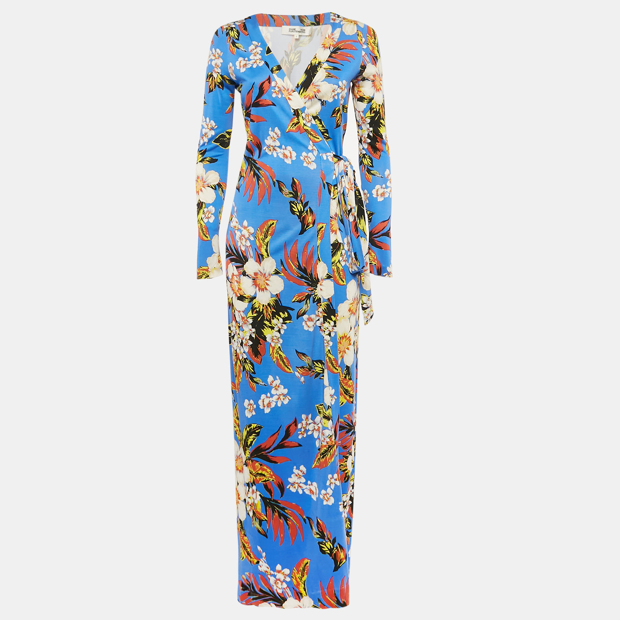 

Diane Von Furstenberg Blue Floral Print Silk Jersey Maxi Wrap Dress S