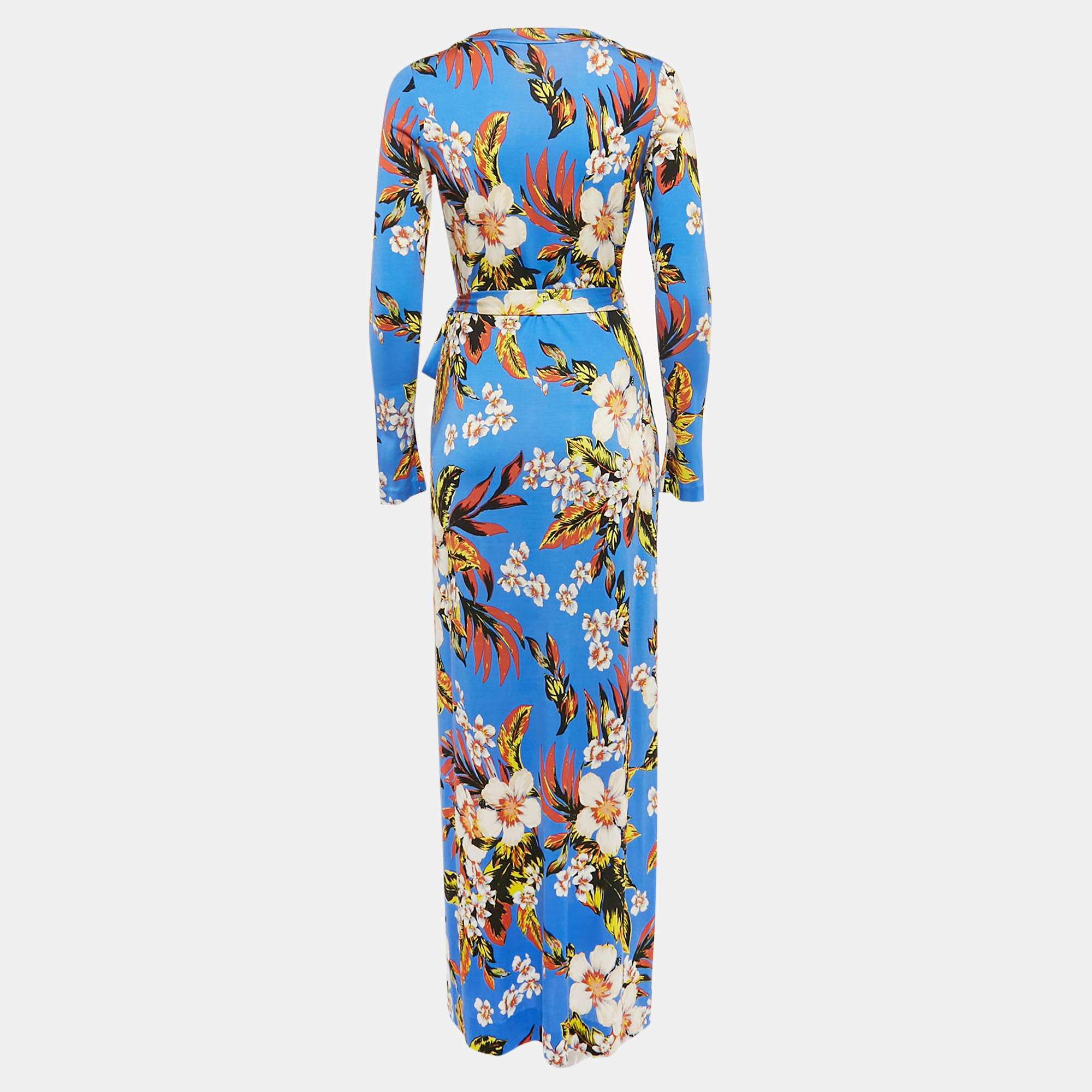 Diane Von Furstenberg Blue Floral Print Silk Jersey Maxi Wrap Dress S 