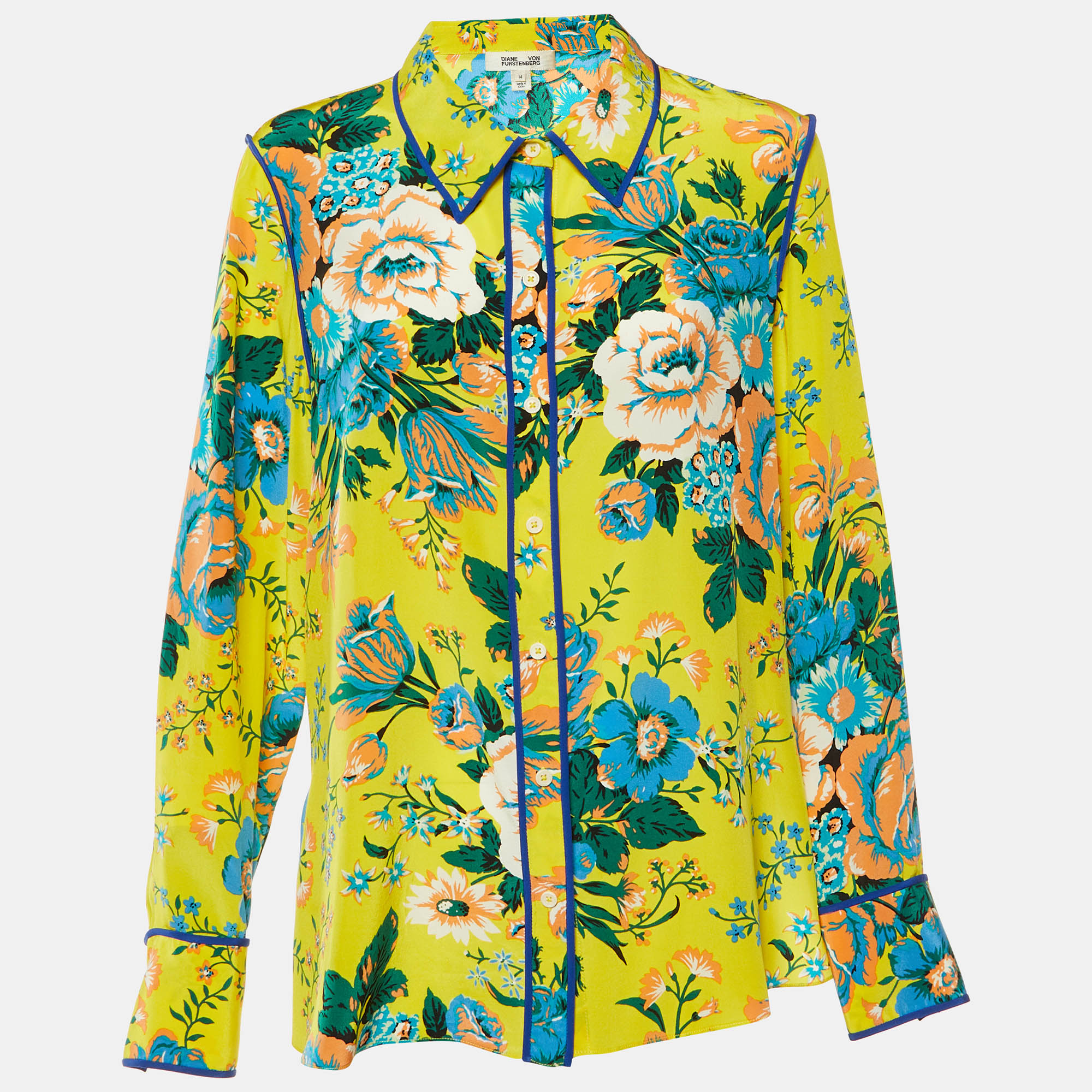 

Diane von Furstenberg Yellow Floral Print Silk Button Front Shirt XL