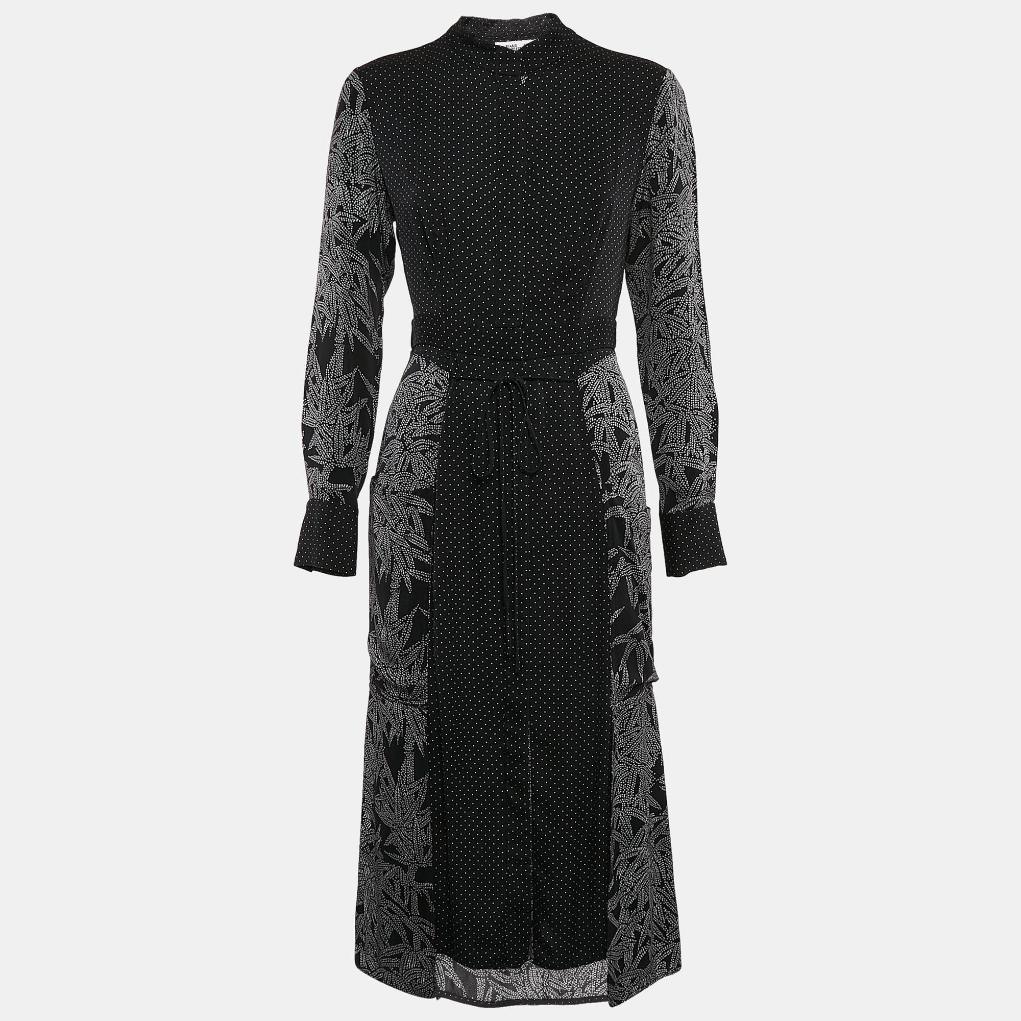 

Diane Von Furstenberg Black Printed Silk Button Front Midi Dress S