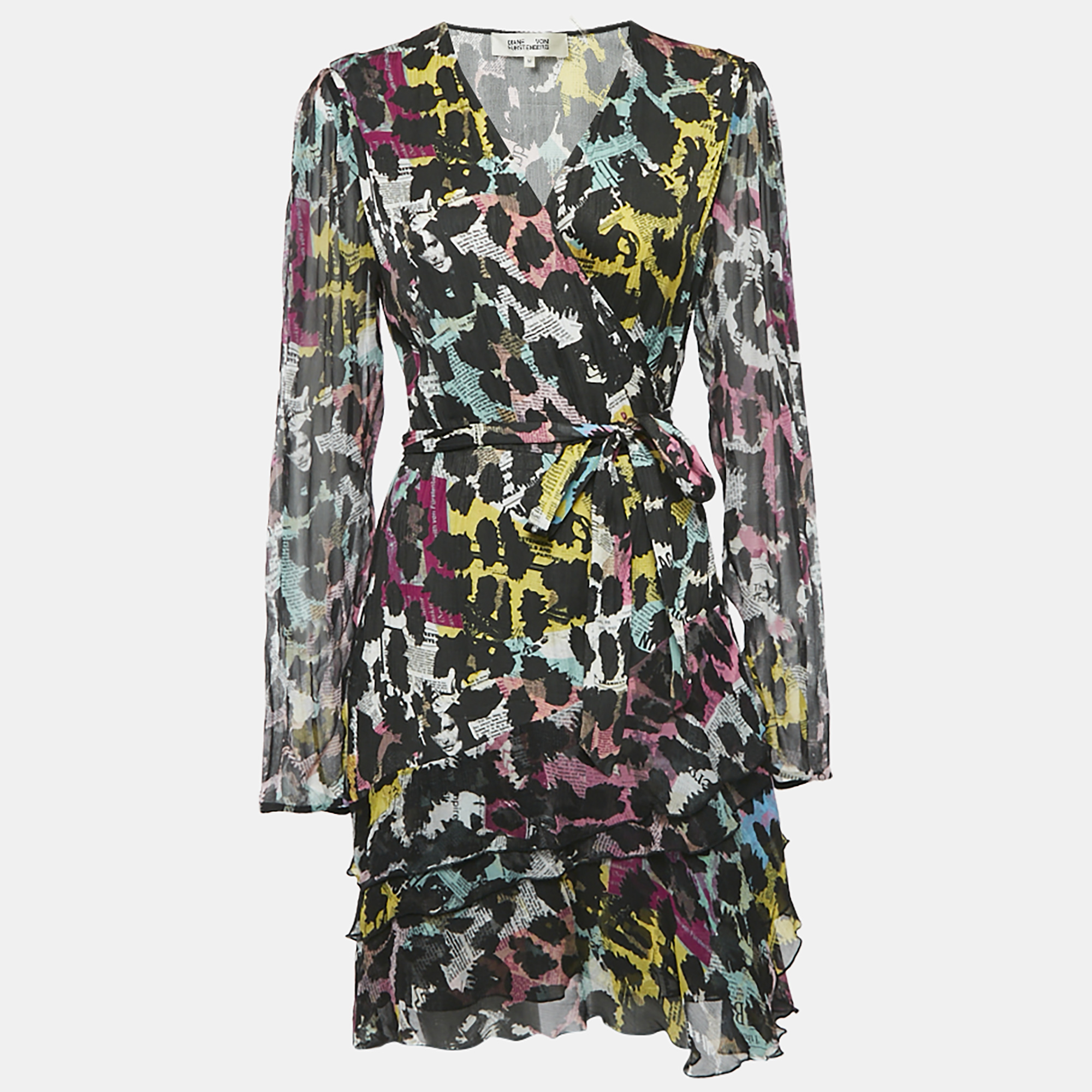 

Diane Von Furstenberg Black/Multicolor Newspaper Print Crepe Wrap Dress M