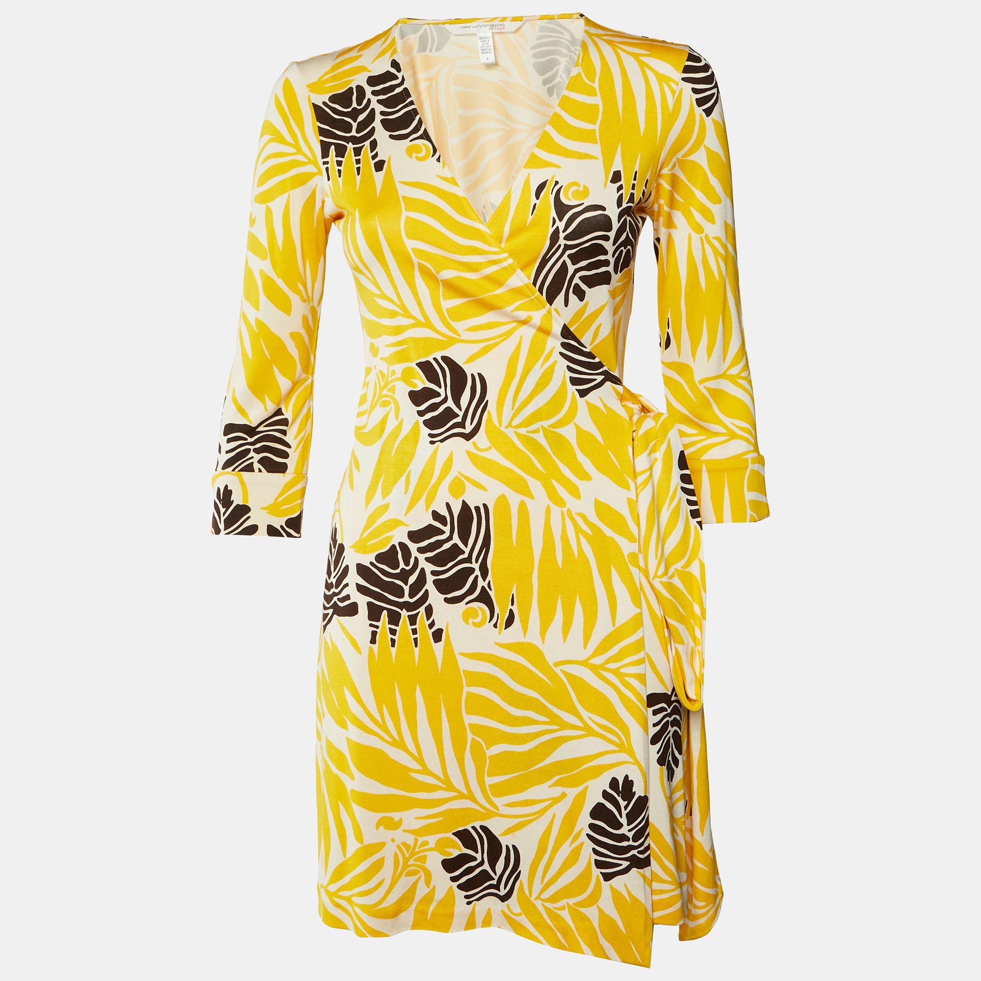 

Diane von Furstenberg Vintage Yellow Printed Silk Julian Mini Wrap Dress M