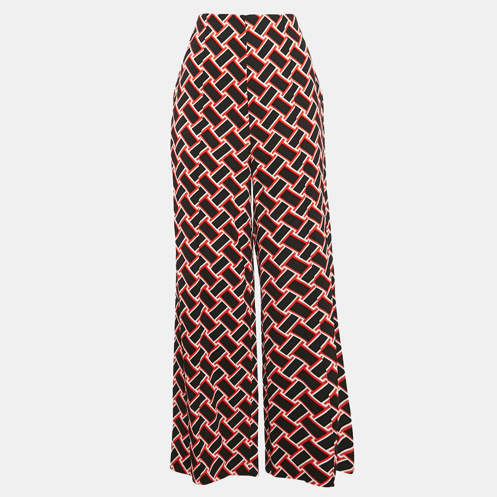 

Diane Von Furstenberg Black/Red Geometric Print Crepe Wide-Leg Trousers M