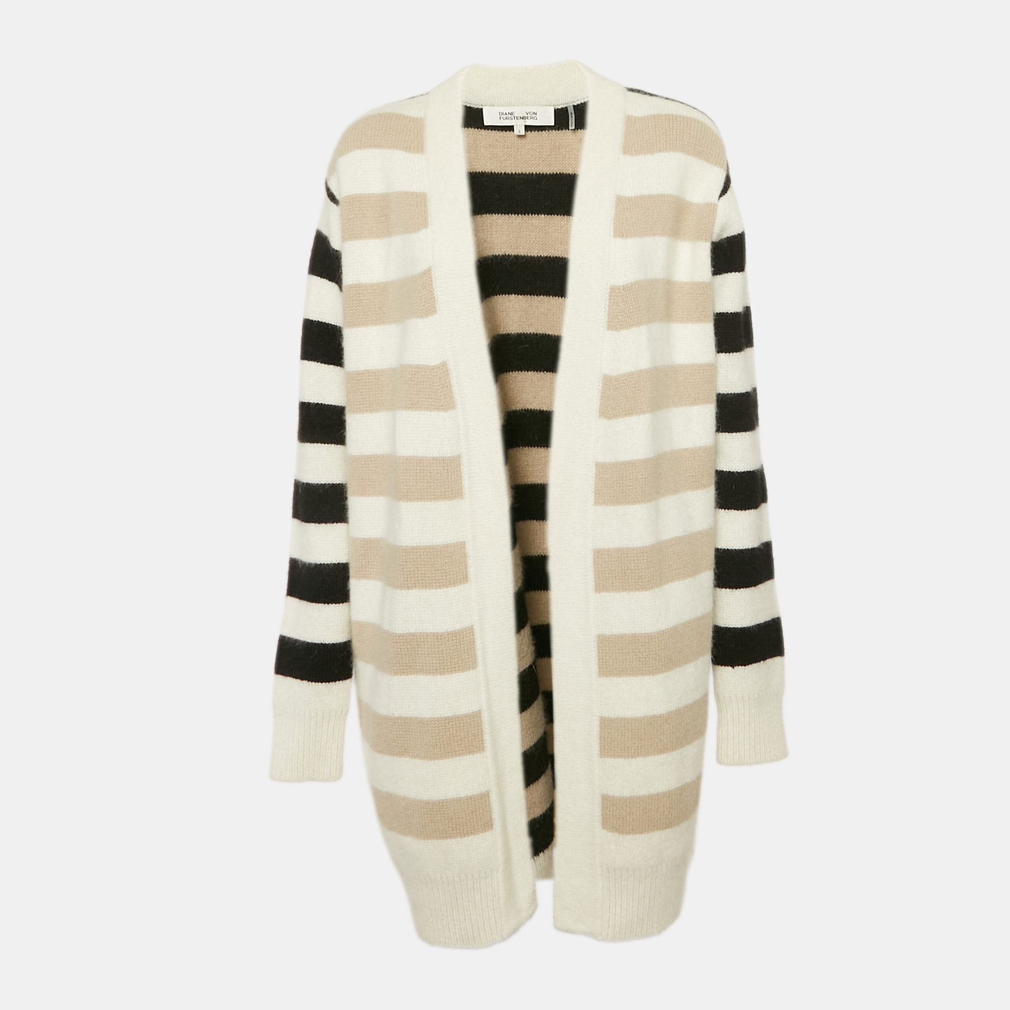 

Diane Von Furstenberg Beige/Black Striped Angora Wool Long Cardigan S