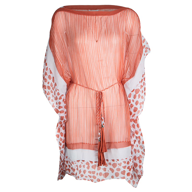 Pre Owned Diane Von Furstenberg Orange and White Tassel Detail Silk Kainda Kaftan XS