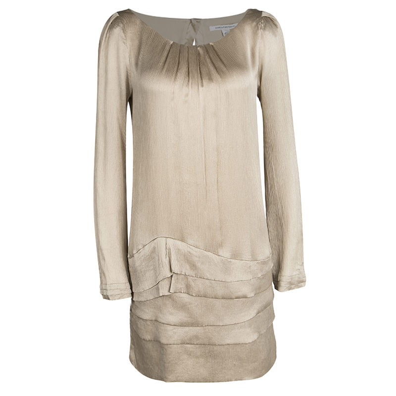 Pre Owned Diane Von Furstenberg Beige Crinkled Silk Tiered Long Sleeve Tiari Dress S