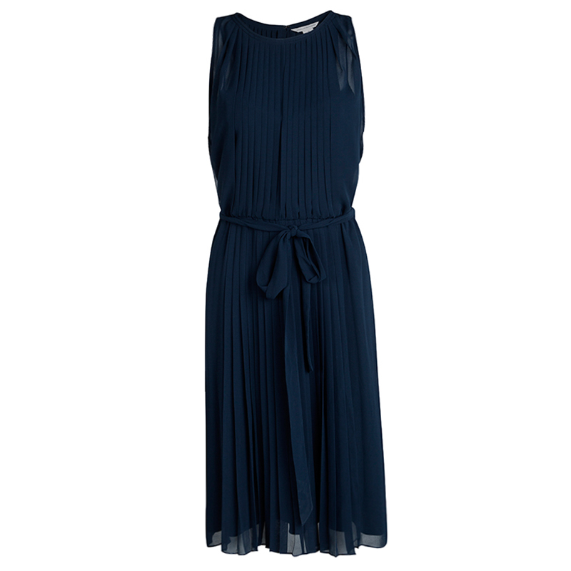 Diane Von Furstenberg Navy Blue Plisse Belted Sleeveless Ria Dress L