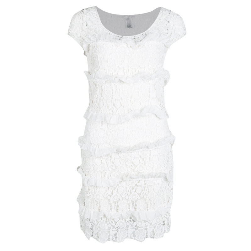 Pre Owned Diane Von Furstenberg White Crochet Lace Ruffle Detail Arcelia Dress S