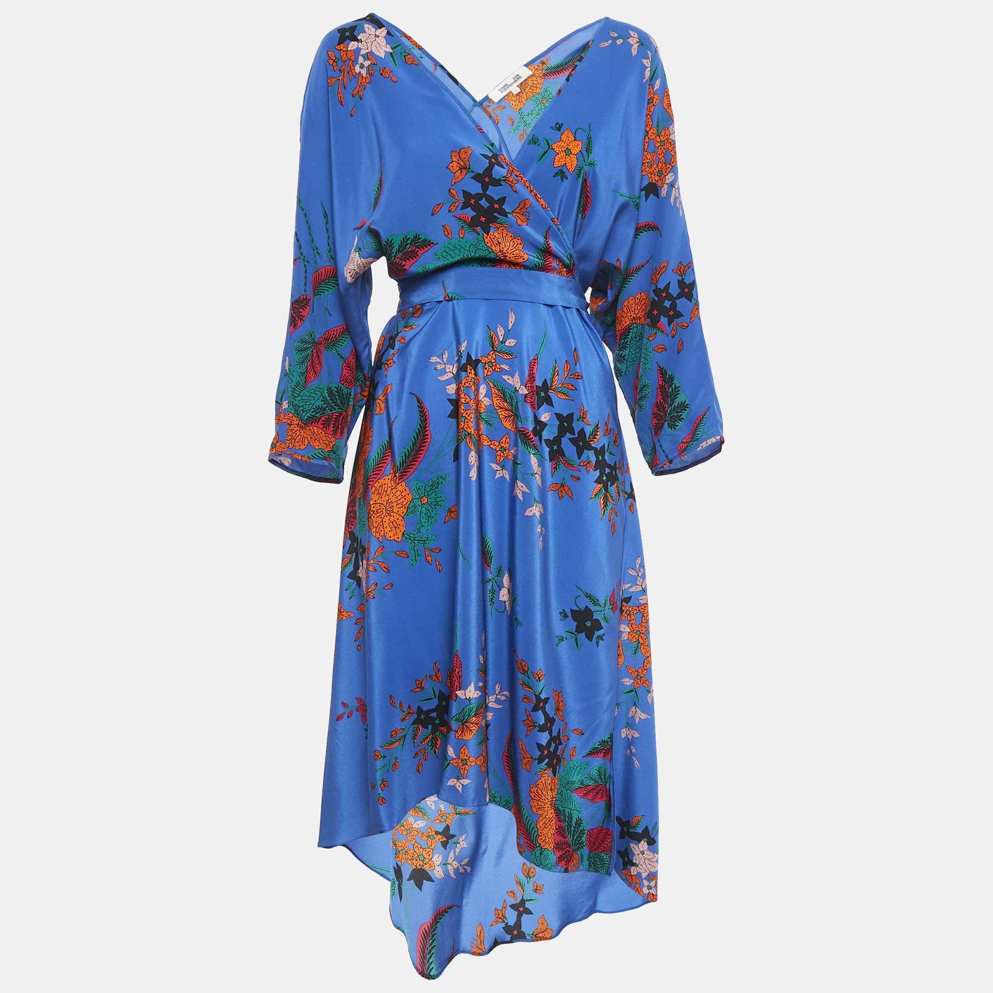 

Diane Von Furstenberg Blue Printed Silk Wrap Detail Midi Dress S