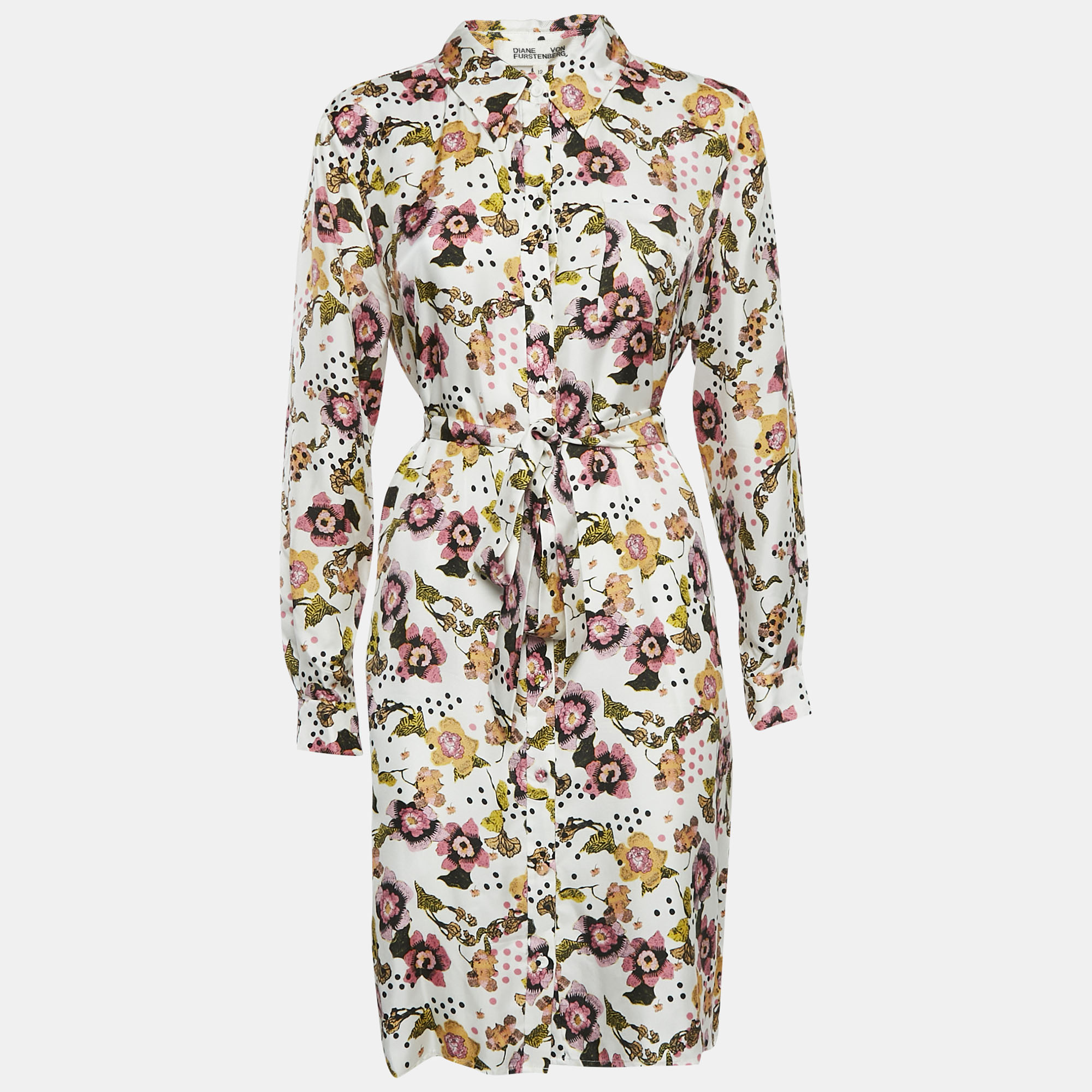 

Diane Von Furstenberg White Printed Silk Belted Shirt Dress L