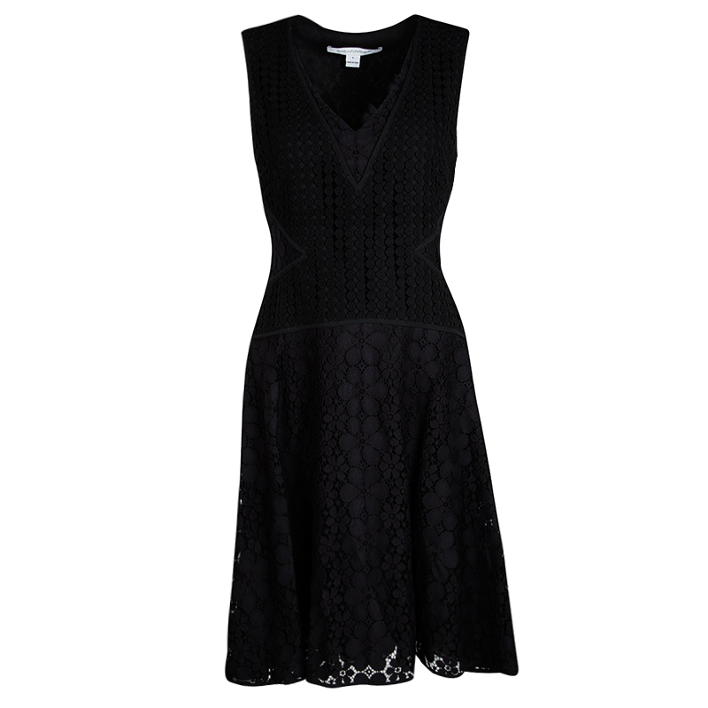 Pre Owned Diane Von Furstenberg Black Lace Paneled Sleeveless Fiorenza Dress S