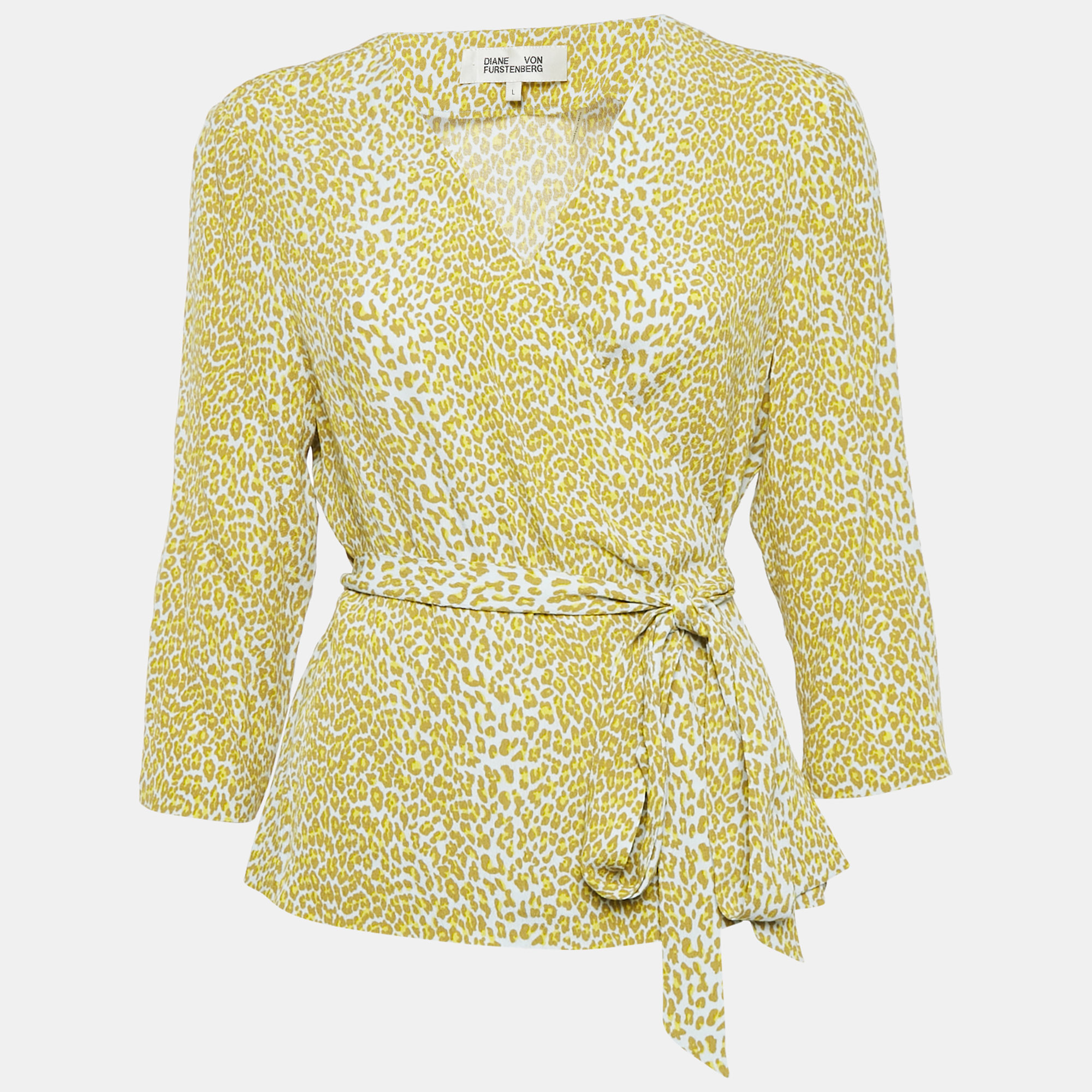 

Diane Von Furstenberg Yellow Leopard Print Silk Wrap Top L