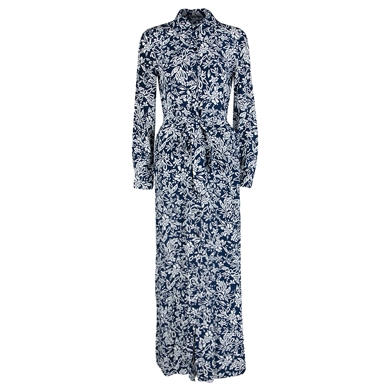 Pre Owned Diane Von Furstenberg Navy Blue Floral Printed Silk Amina Belted Maxi Shirt Dress S