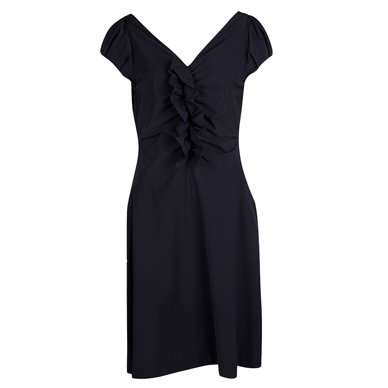 Pre Owned Diane Von Furstenberg Navy Blue Ruffle Detail Samaya Dress L