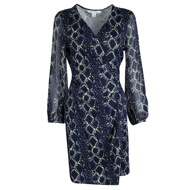 Pre Owned Diane Von Furstenberg Navy Blue Grid Print Sigourney Wrap Dress M