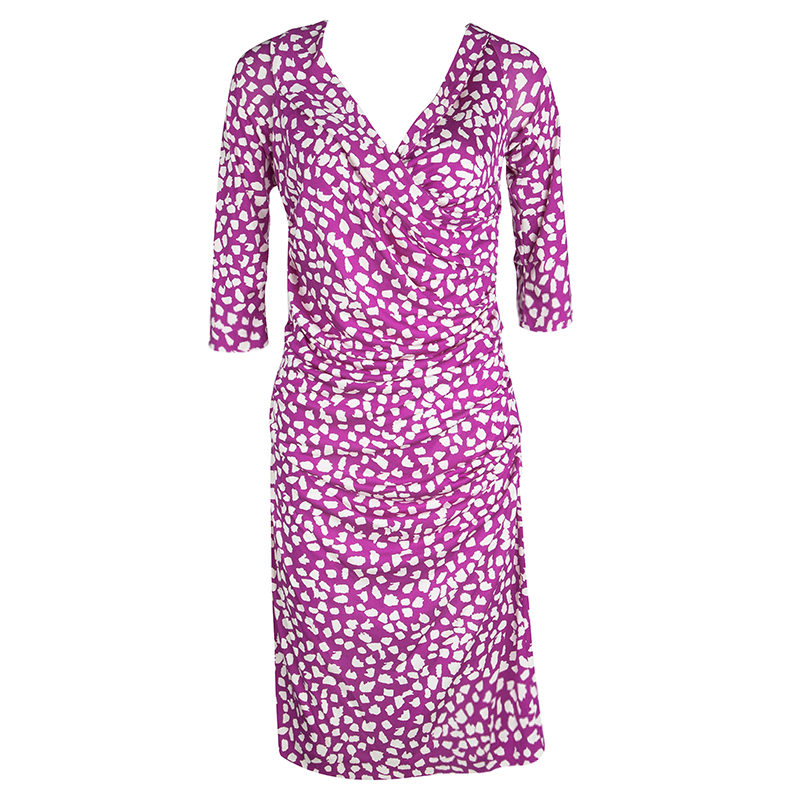 Pre Owned Diane Von Furstenberg Purple Printed Draped Bentley SJ Three Quarters Dress L