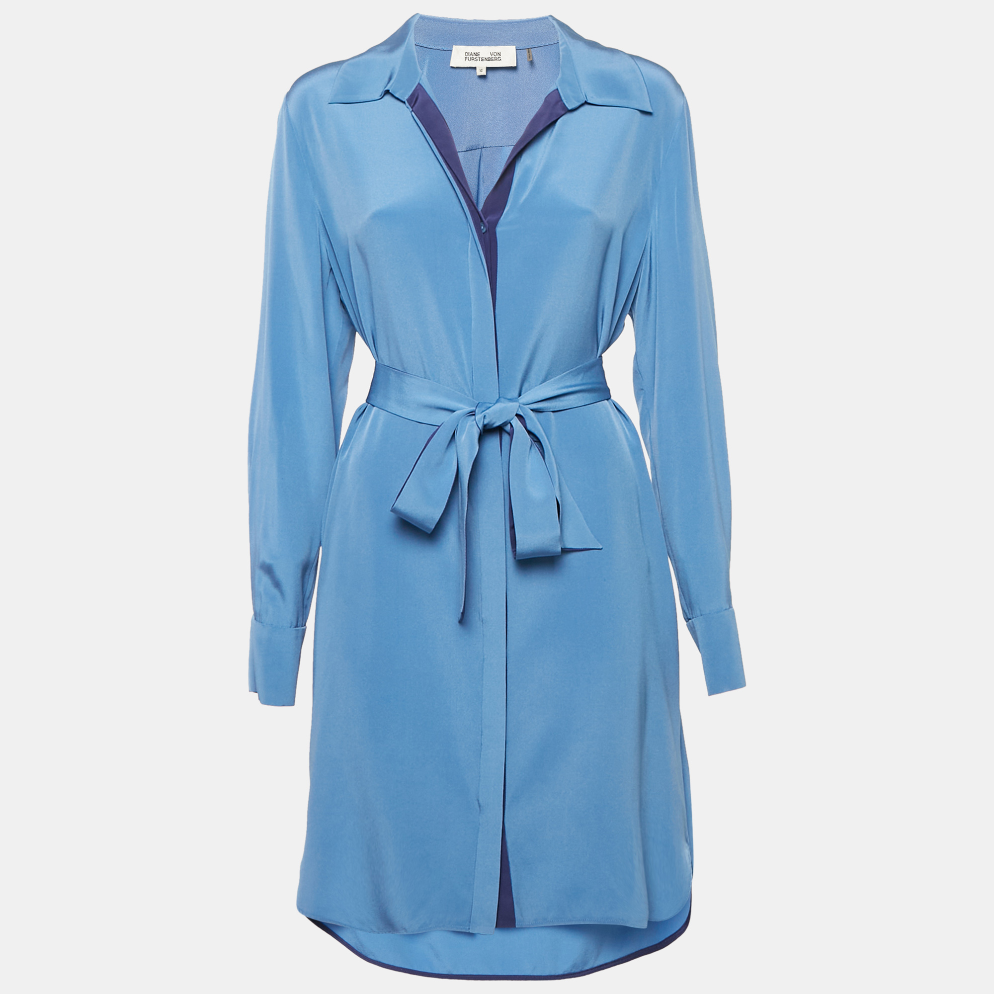 

Diane Von Furstenberg Blue Silk Belted Shirt Dress L