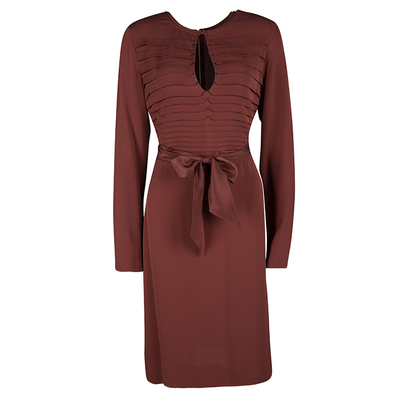 Pre Owned Diane Von Furstenberg Brick Red Silk Pintuck Detail Long Sleeve Belted Kimian Dress L