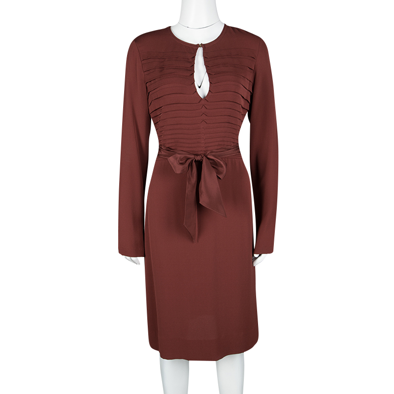 

Diane Von Furstenberg Brick Red Silk Pintuck Detail Long Sleeve Belted Kimian Dress