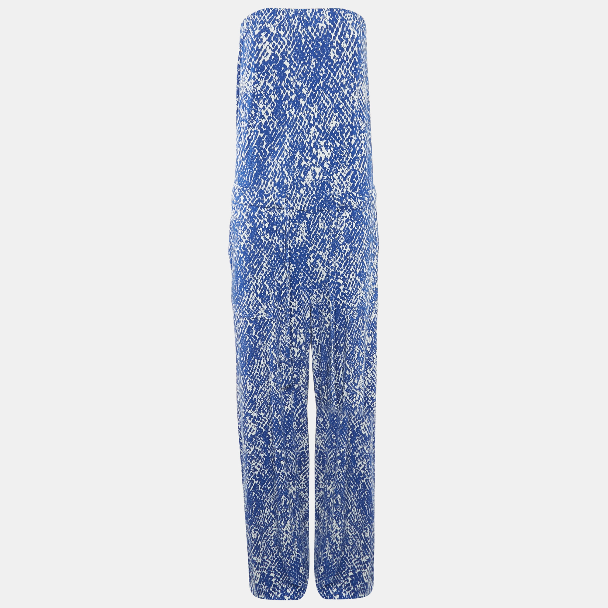 Pre-owned Diane Von Furstenberg Blue Printed Off-shoulder Jumpsuit Xl