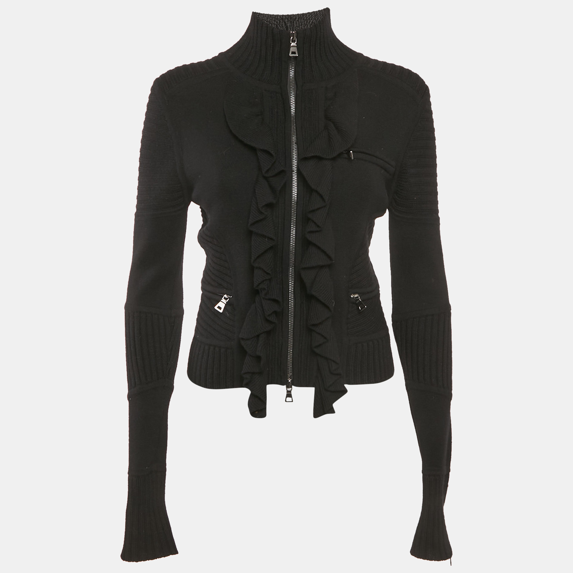 

Diane Von Furstenberg Black Wool Knit Ruffled Zip-Up Madelyne Cardigan S