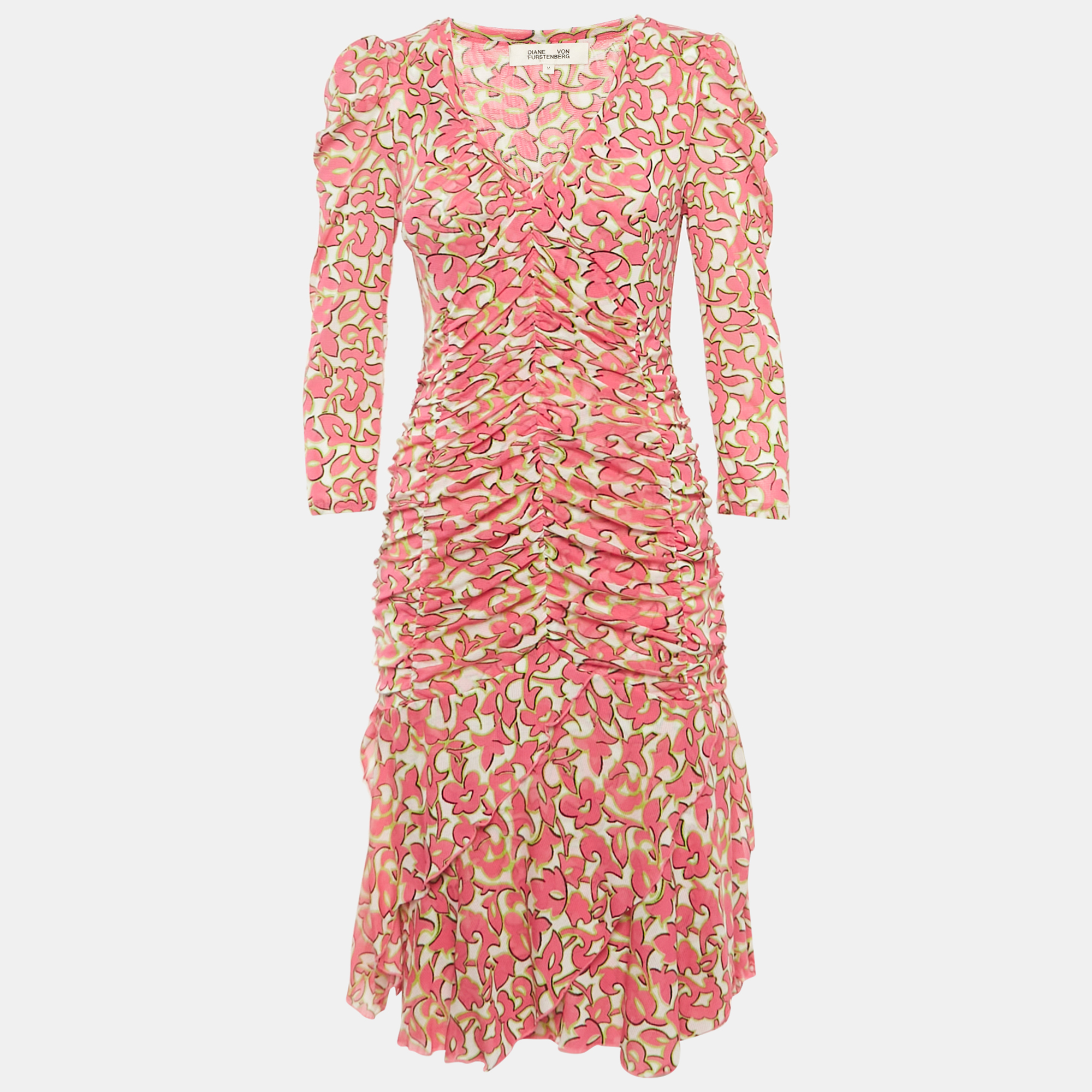 

Diane Von Furstenberg Pink Printed Mesh Ruched Dress M