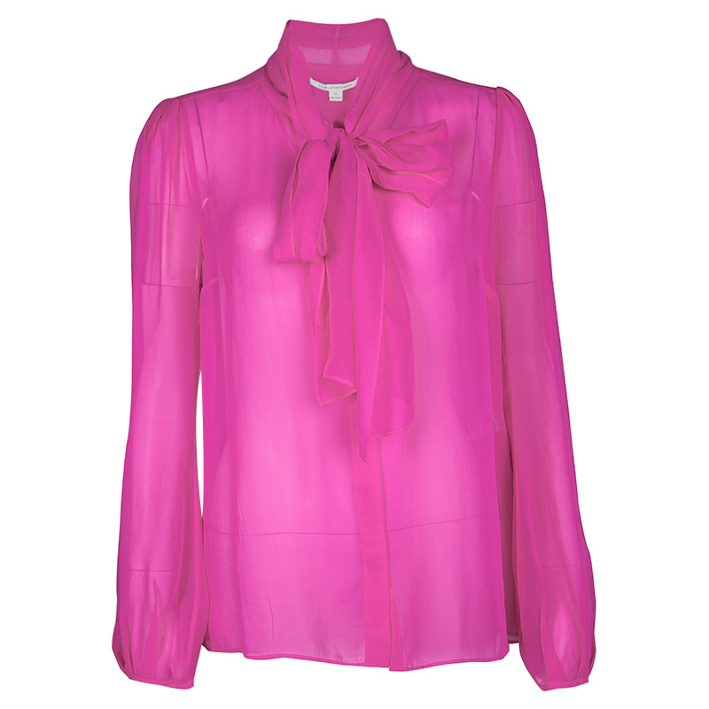 Pre Owned Diane Von Furstenberg Pink Silk Tie Detail Long Sleeve Jezebel Blouse L