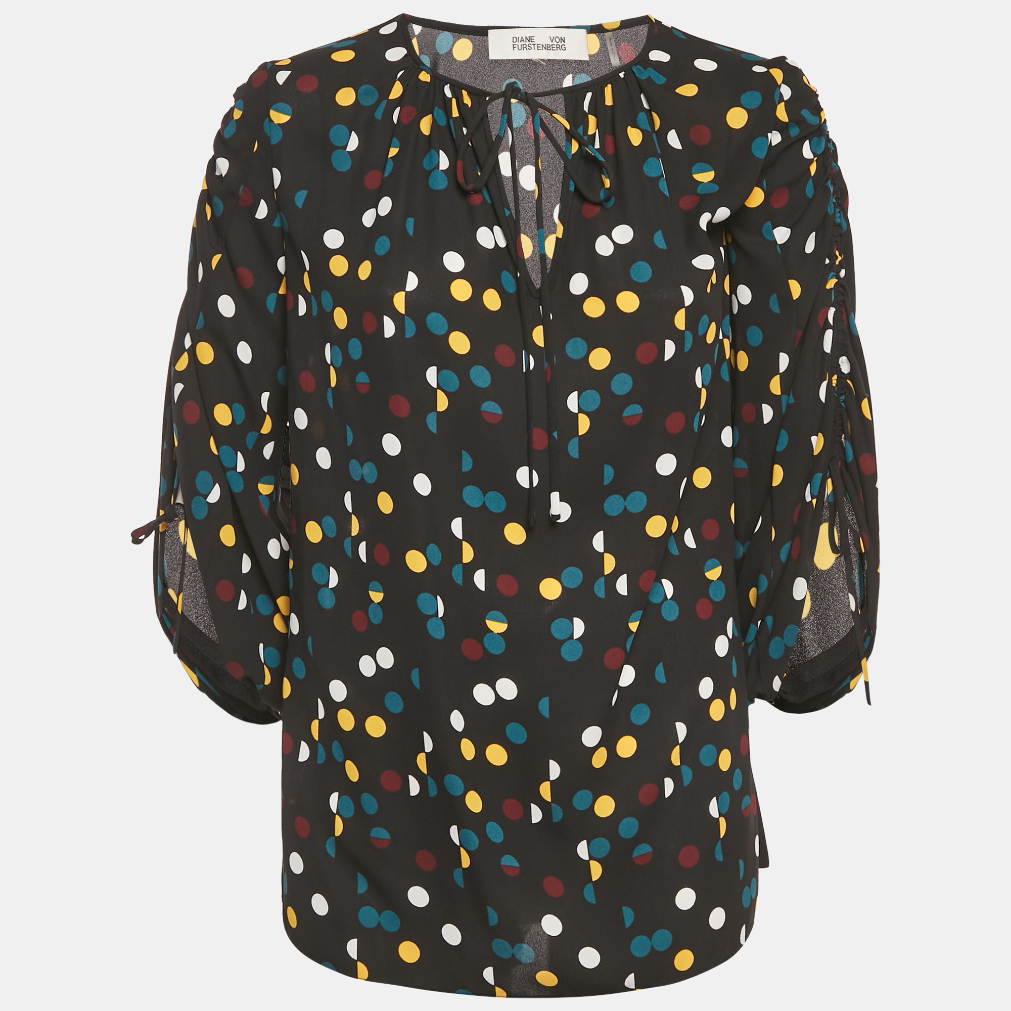 Pre-owned Diane Von Furstenberg Black Polka Dot Print Crepe Blouson Sleeve Tunic Top M