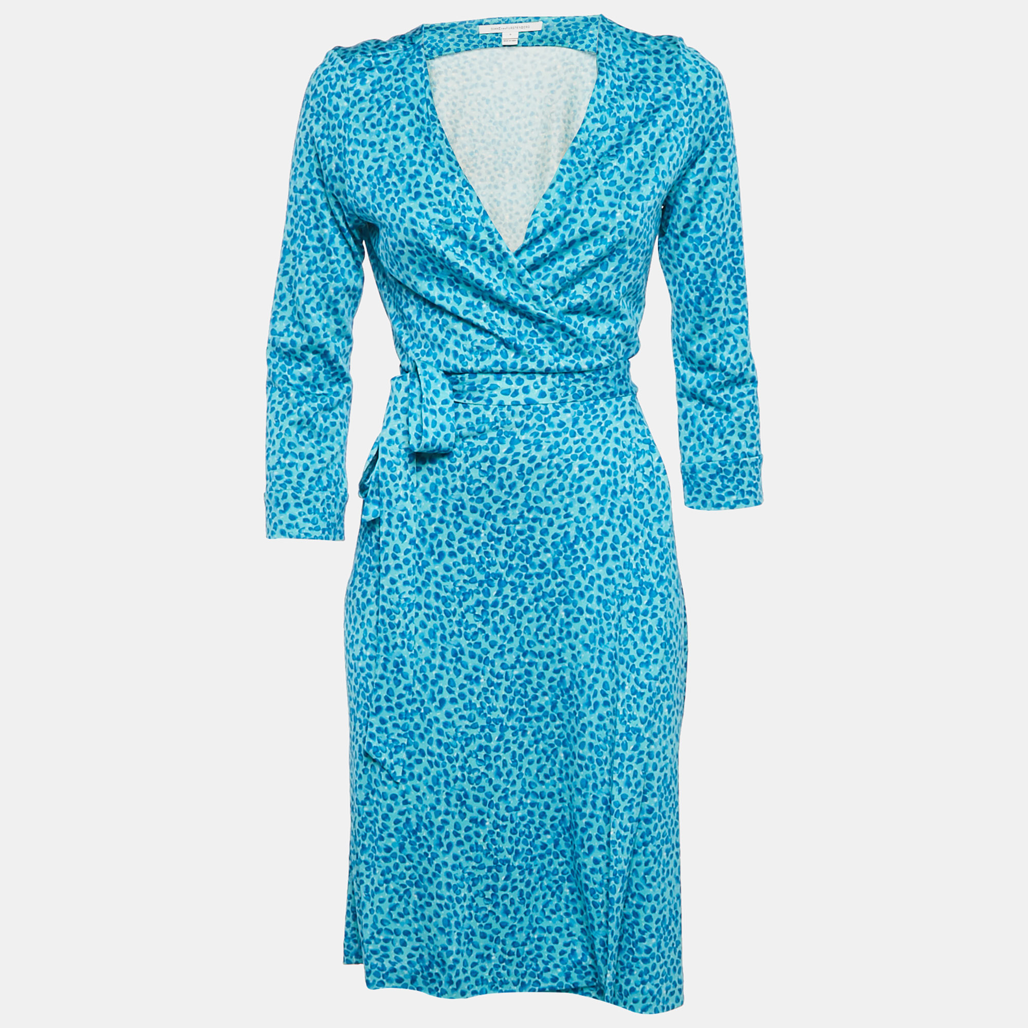 Pre-owned Diane Von Furstenberg Blue Printed Silk Short Wrap Dress M