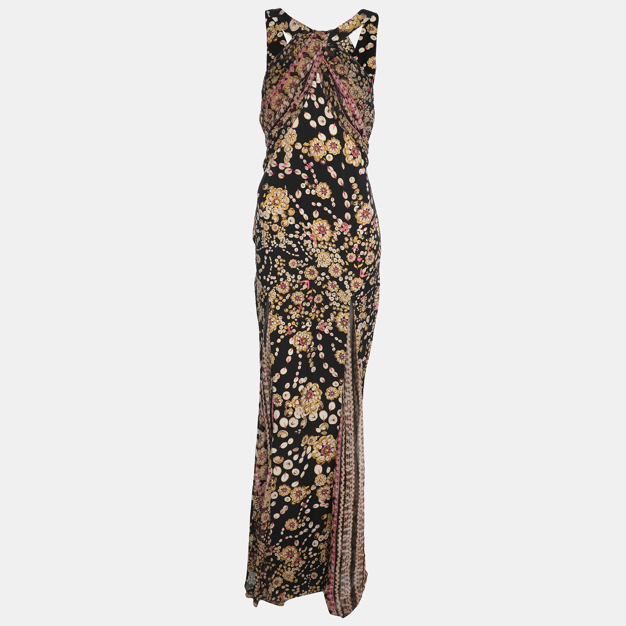 Pre-owned Diane Von Furstenberg Black Printed Silk Halter Neck Dress S