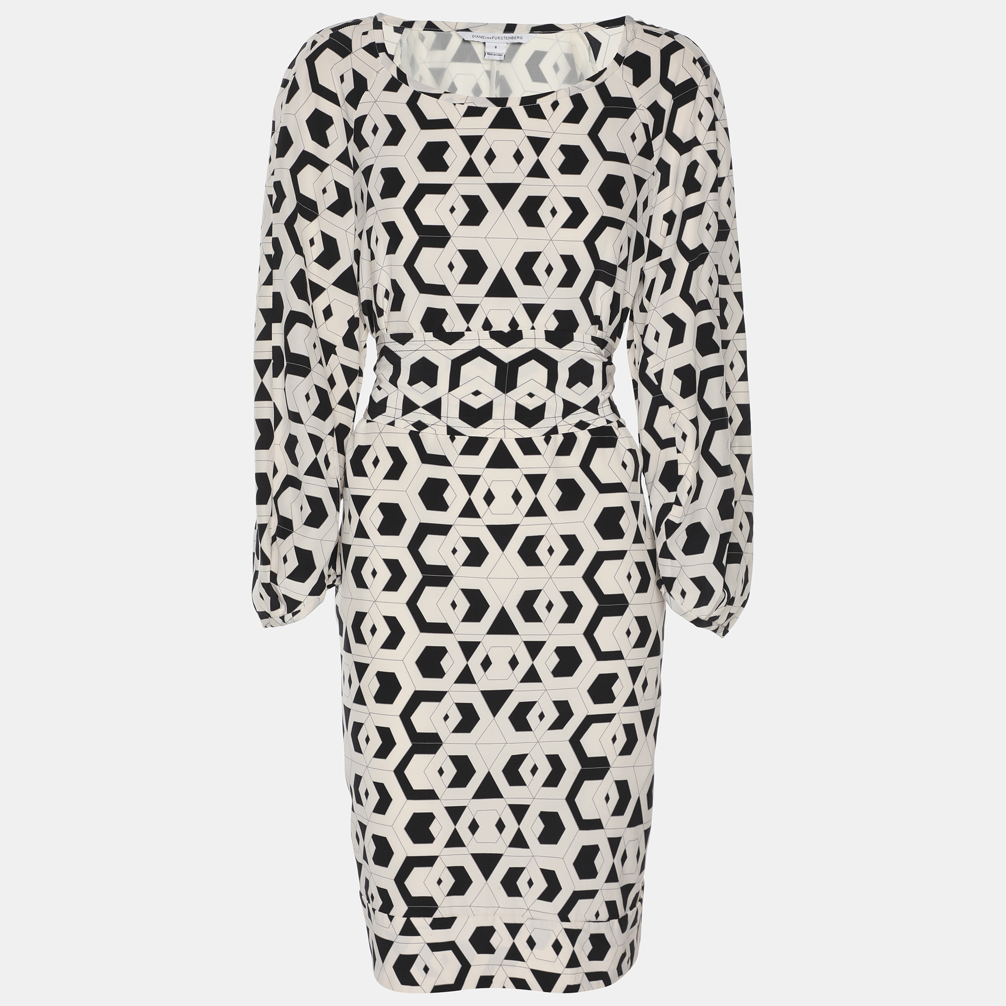 Pre-owned Diane Von Furstenberg Cream/black Printed Silk Belted Dress S In White