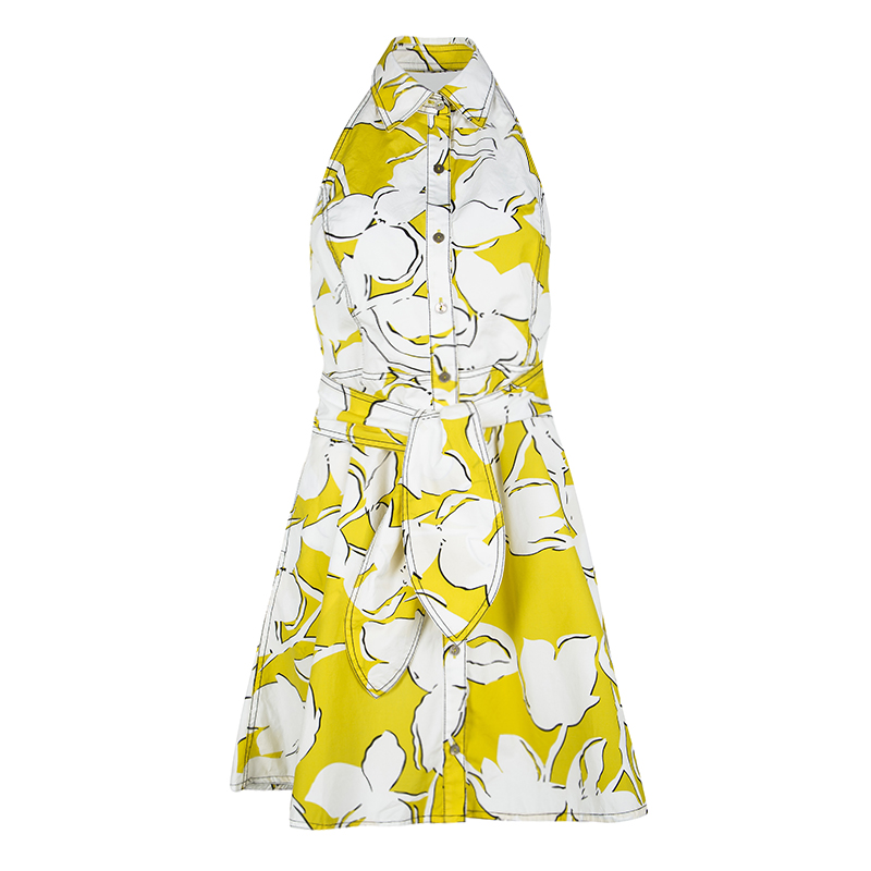 Pre Owned Diane Von Furstenberg Yellow and White Eden Garden Tenner Floral Print Halter Dress S