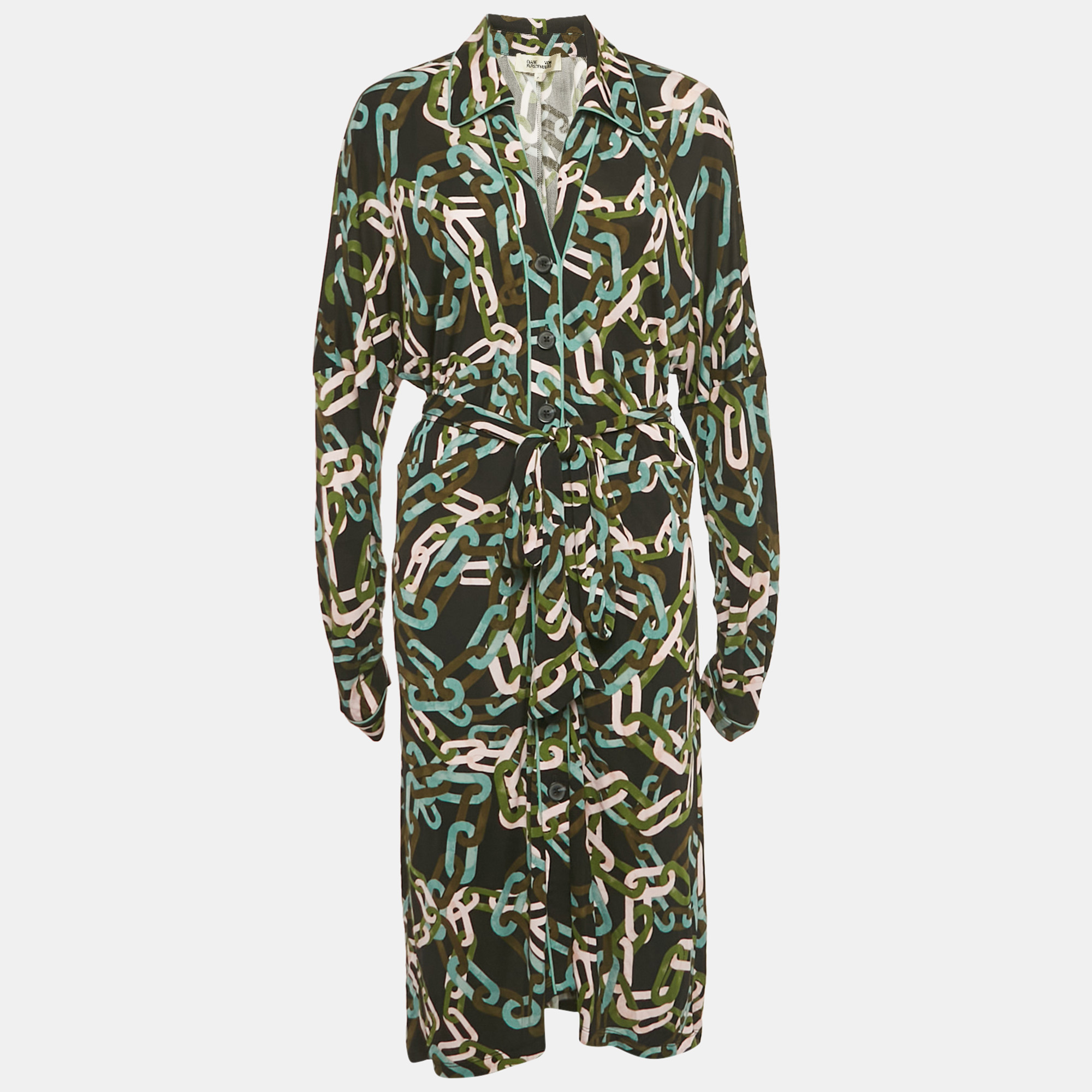Pre-owned Diane Von Furstenberg Black Carrie Chain Print Jersey Button Front Belted Dress M