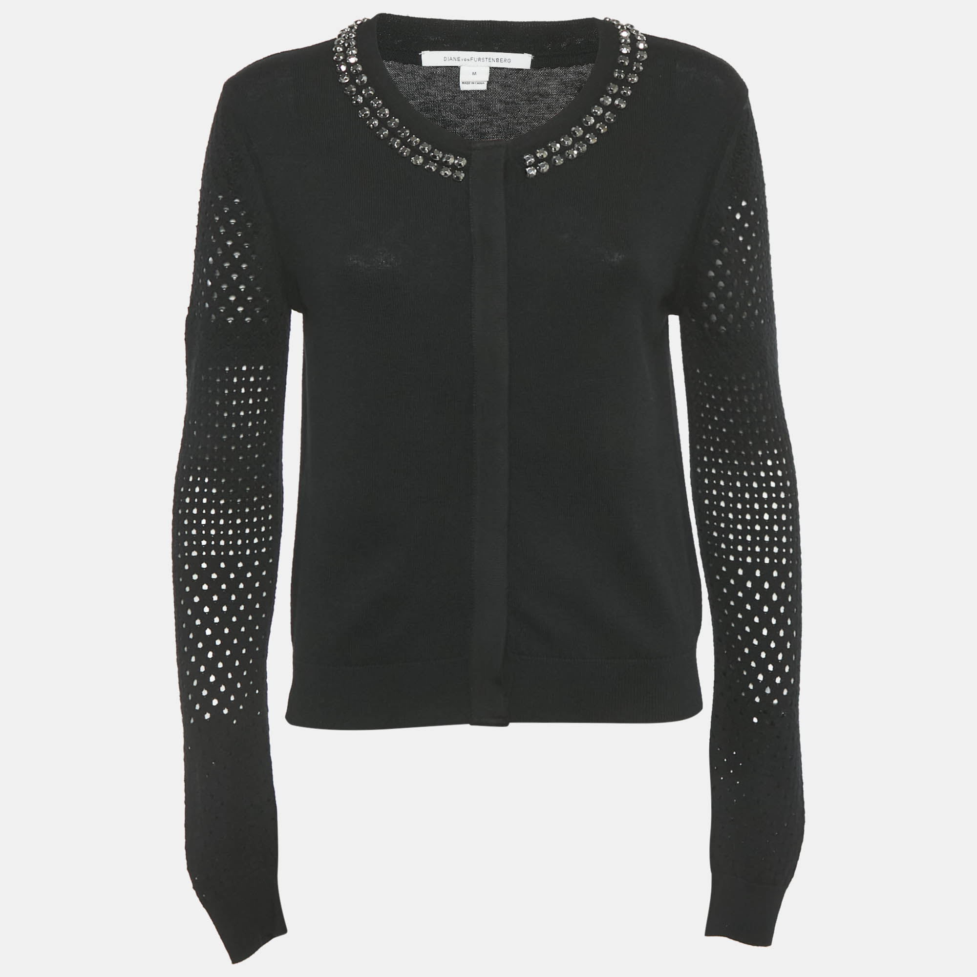 Pre-owned Diane Von Furstenberg Black Wool Blend Stud Detail Cardigan M