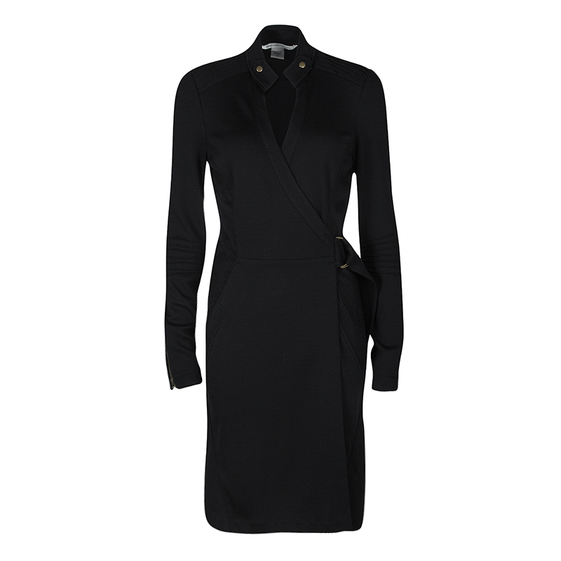 Diane Von Furstenberg Black Wool Belted Biker Wrap Dress L