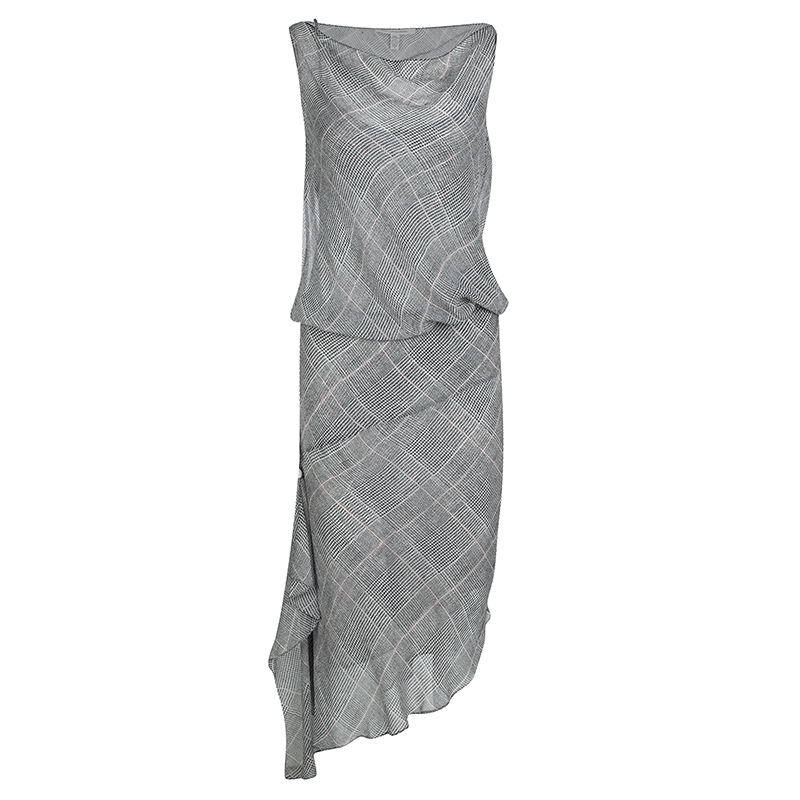 Pre Owned Diane Von Furstenberg Monochrome Glen Plaid Print Silk Chiffon Asymmetric Maxi Dress S
