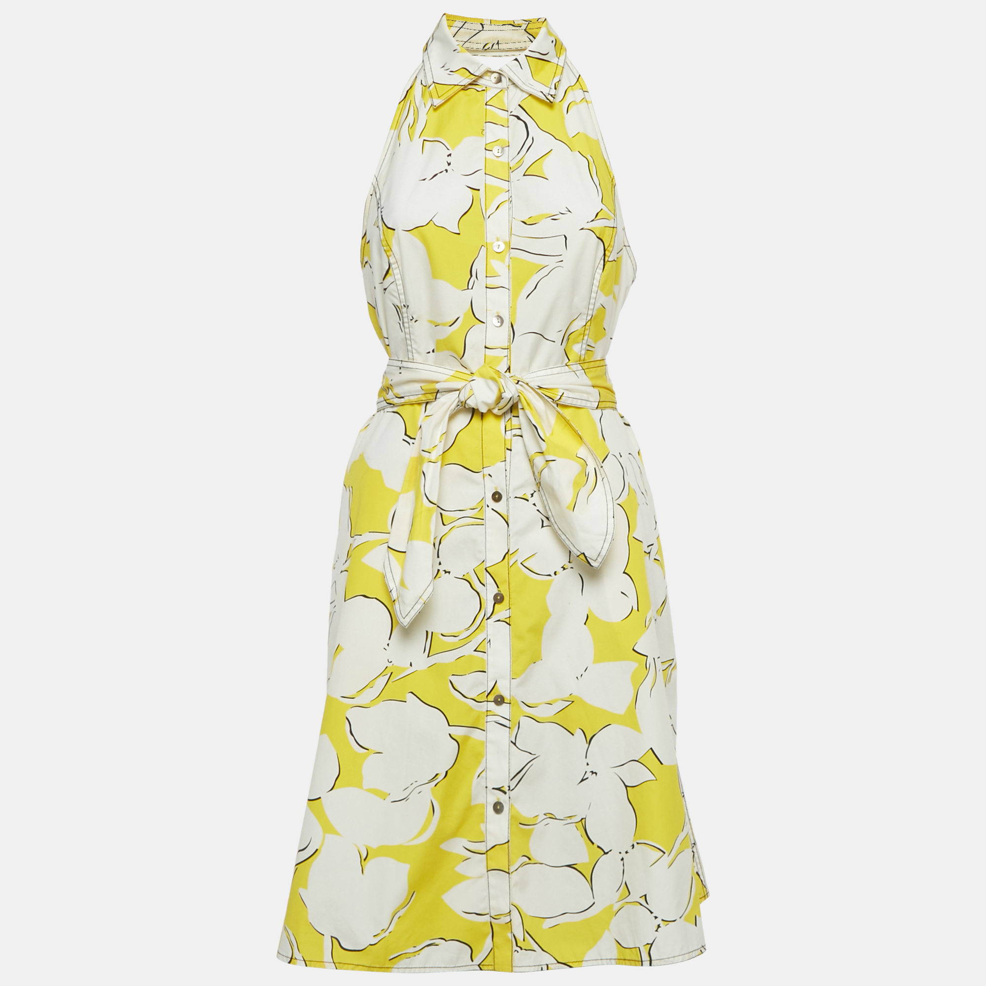

Diane Von Furstenberg Yellow /White Printed Cotton Halter Neck Short Dress M