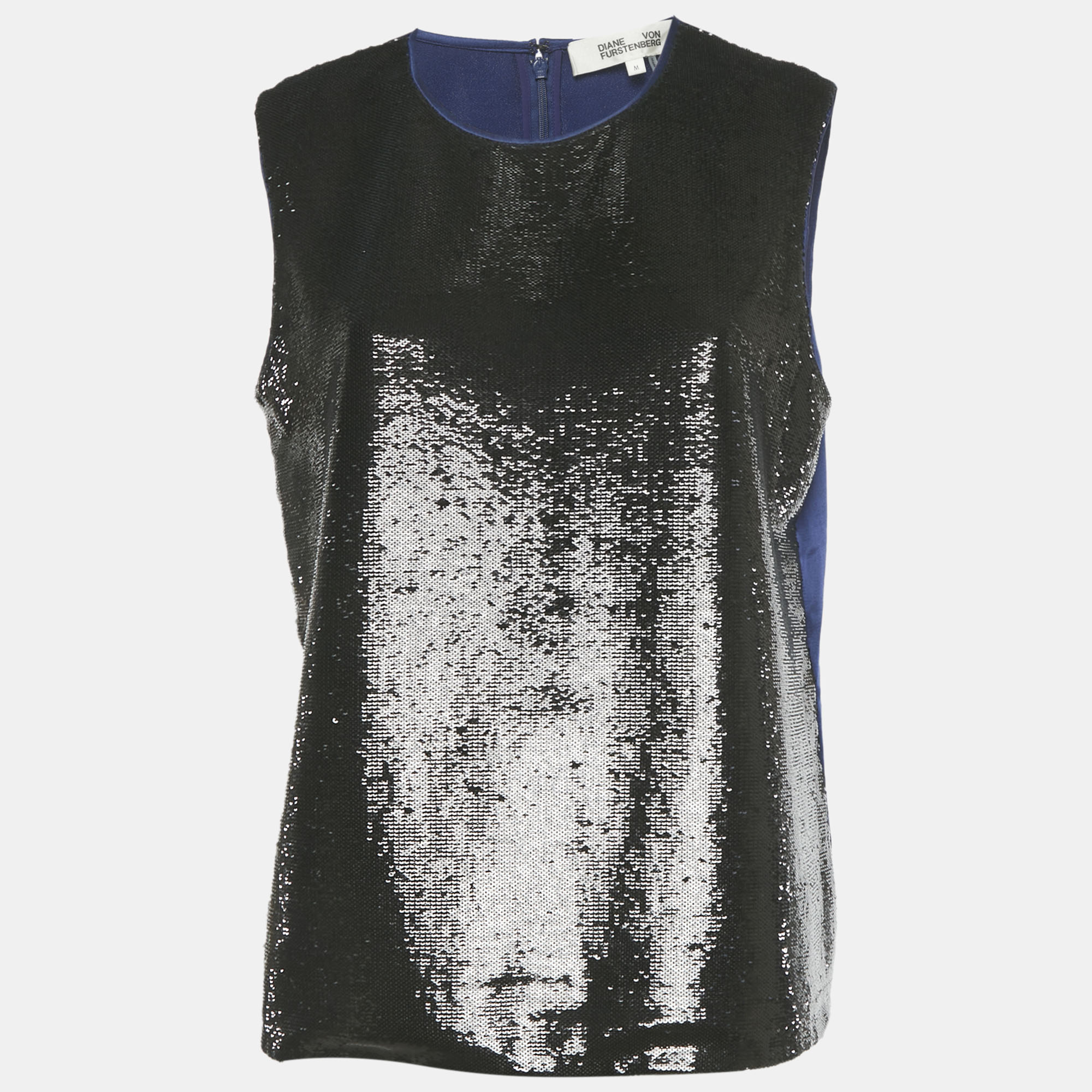 Pre-owned Diane Von Furstenberg Black/blue Sequined Satin Sleeveless Blouse M