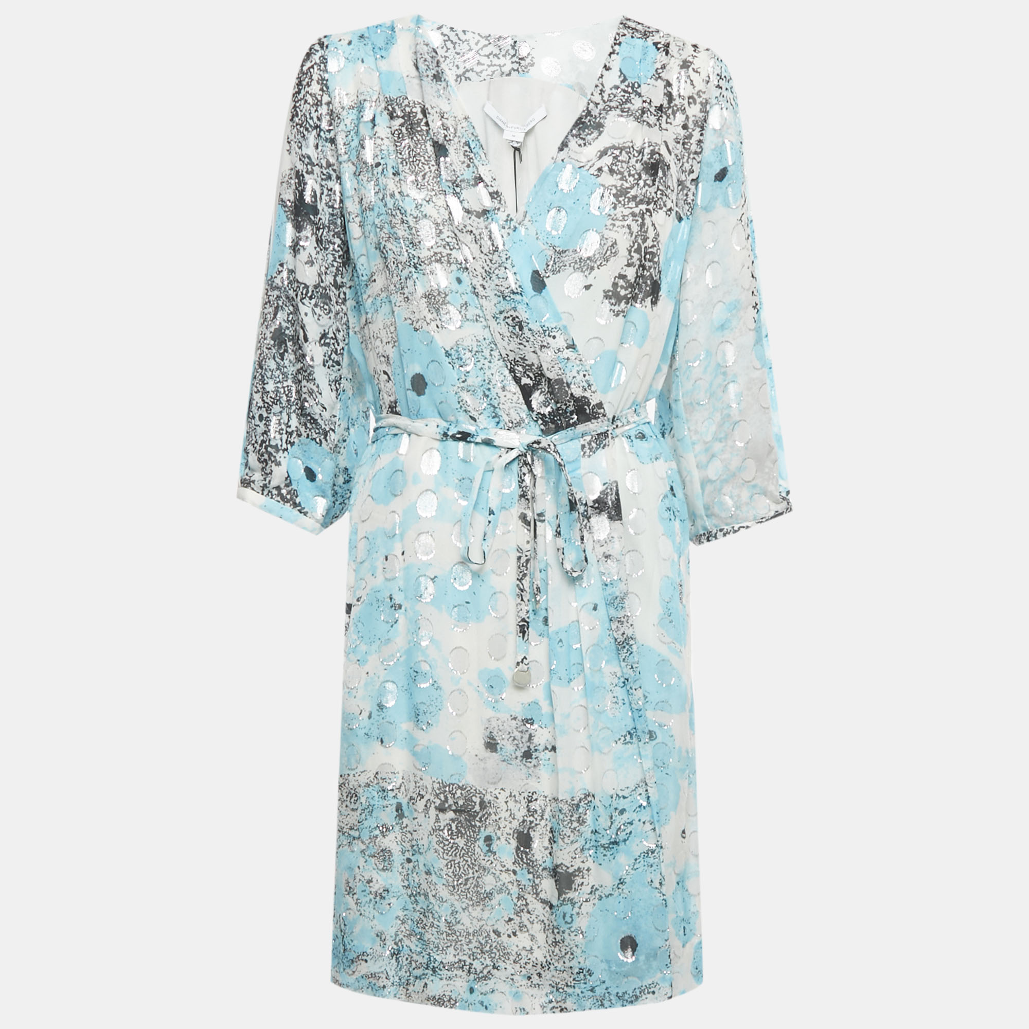 

Diane Von Furstenberg Blue /Sliver Printed Met Dot Silk Short Wrap Dress L