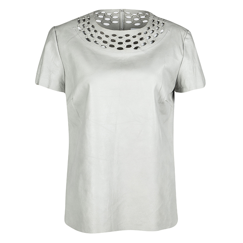 Pre Owned Diane Von Furstenberg Grey Cutout Leather Short Sleeve Yvanna Top M