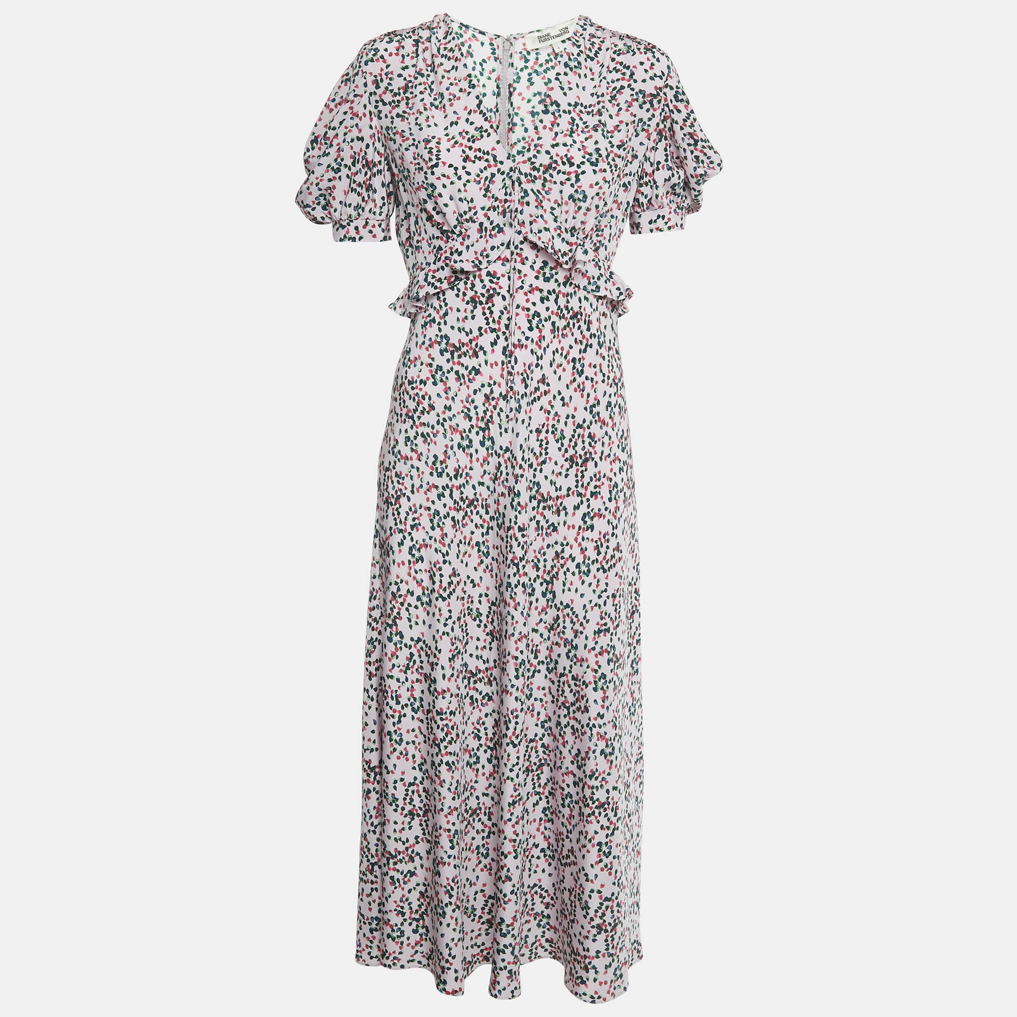 

Diane Von Furstenberg Mauve Printed Silk Frill Detail Maxi Dress S, Purple