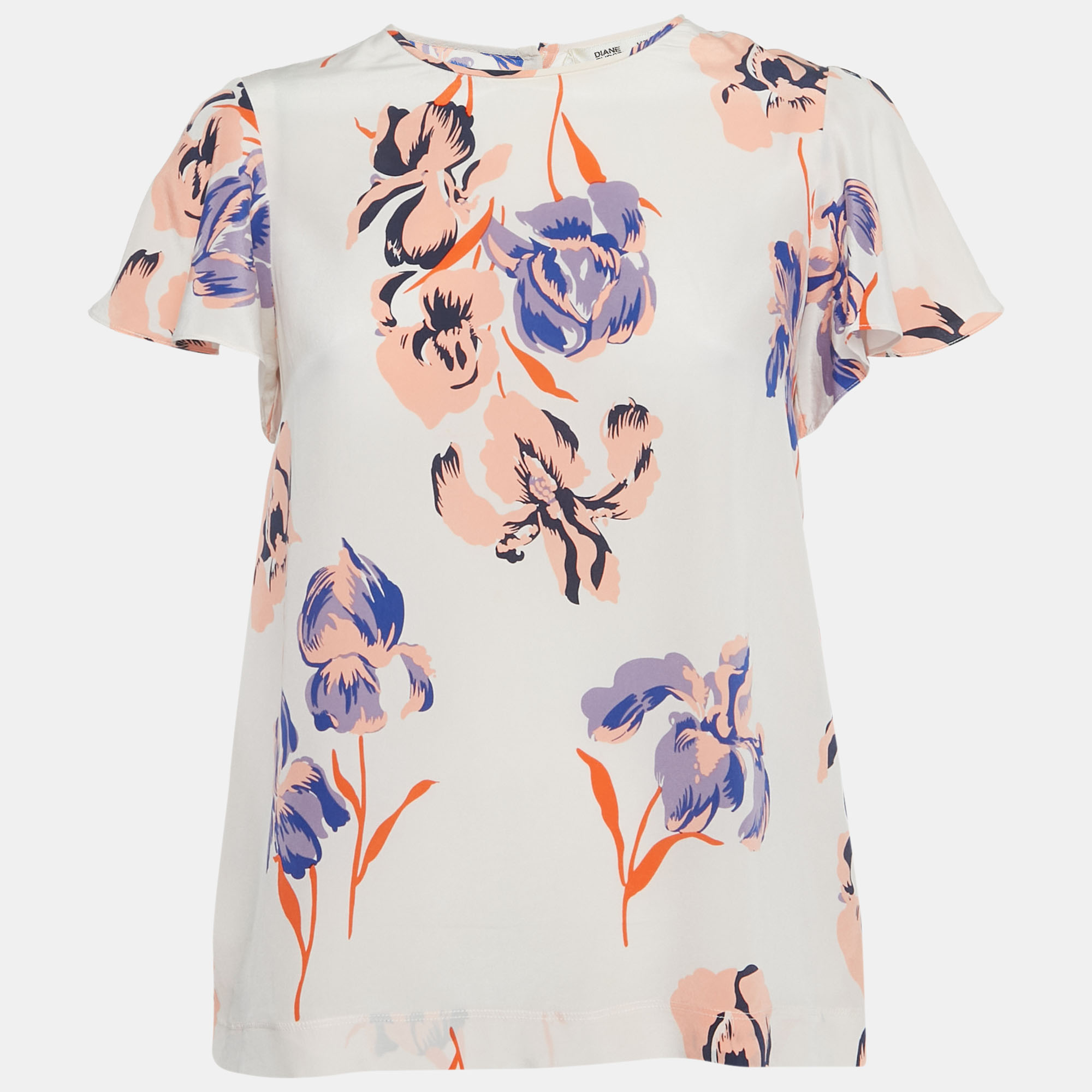 

Diane Von Furstenberg White Floral Print Silk Flutter Sleeve Top XS