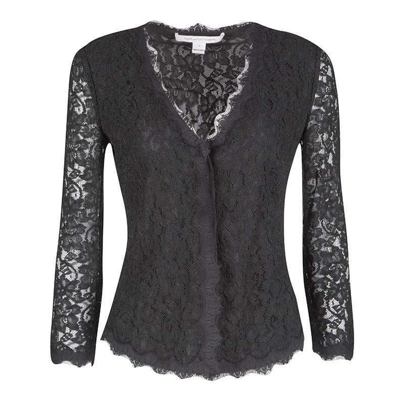 Pre Owned Diane Von Furstenberg Black Floral Lace Bria Cardigan S
