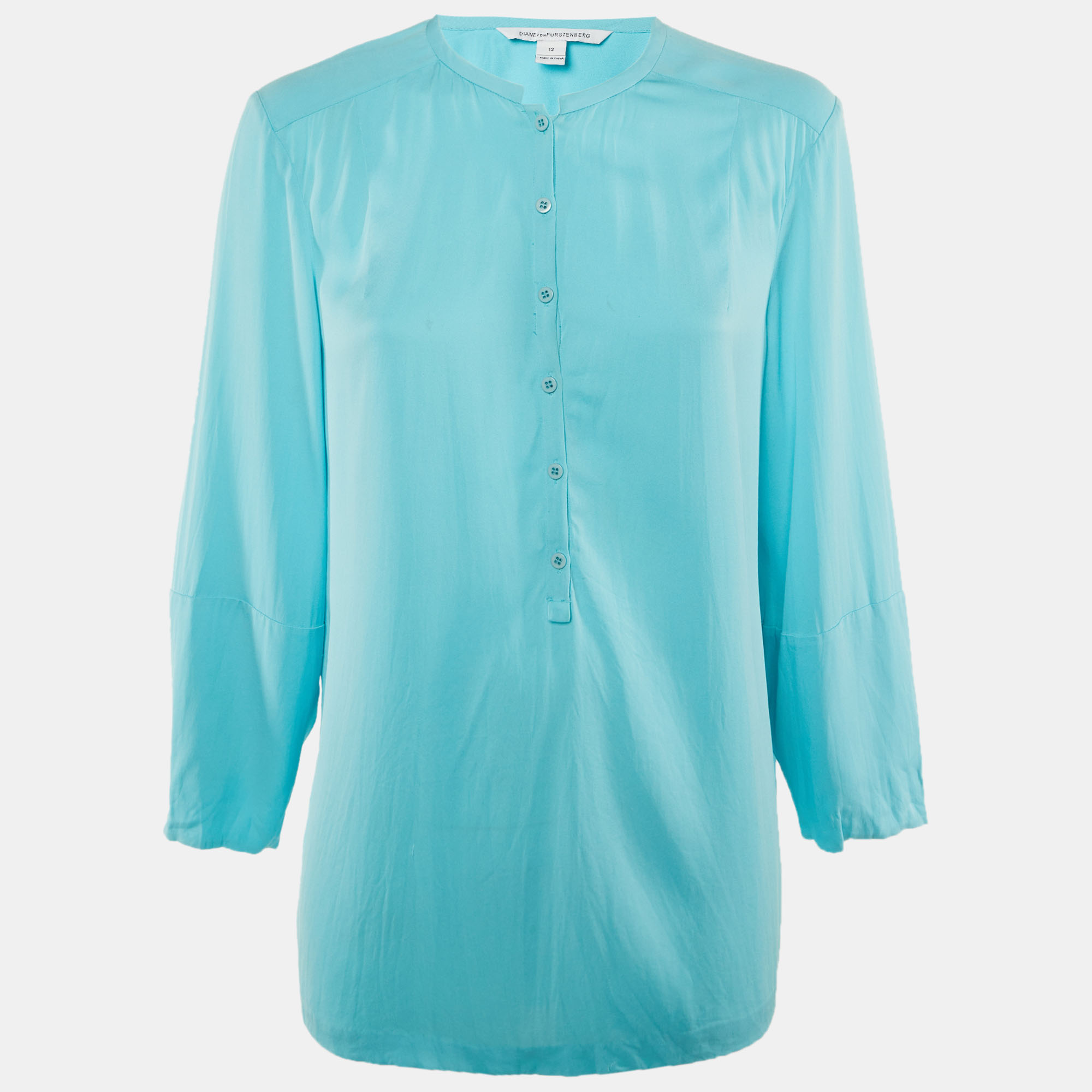 Pre-owned Diane Von Furstenberg Turquoise Blue Silk Button Front Blouse L