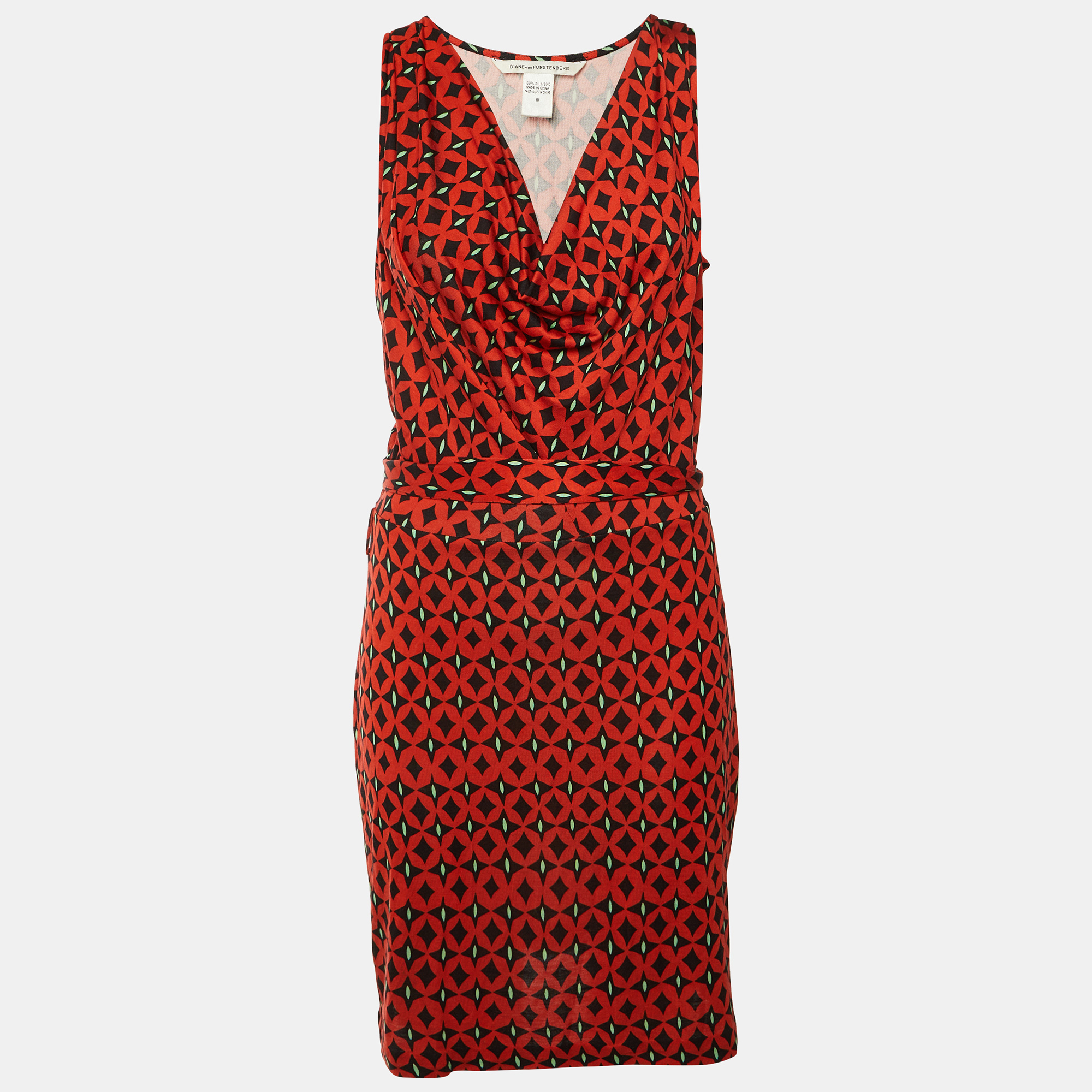 Pre-owned Diane Von Furstenberg Brick Red Printed Silk Keesa Sleeveless Dress L