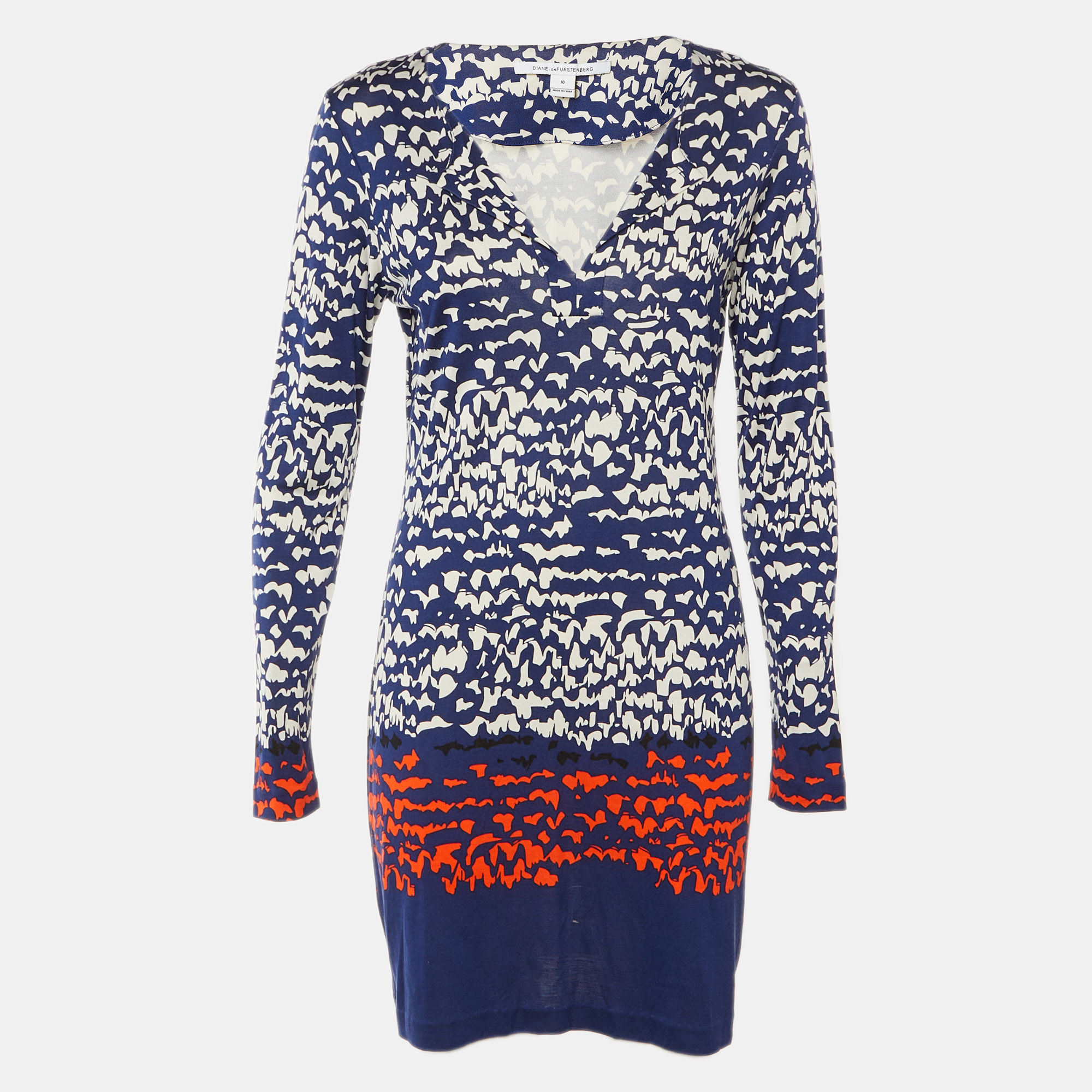 

Diane Von Furstenberg Navy Blue Printed Silk Reina Fitted Dress L