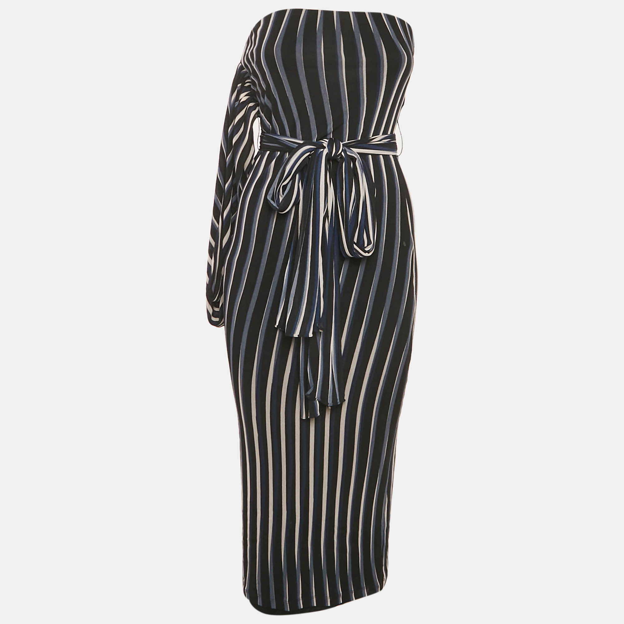 

Diane Von Furstenberg Black Nylon Striped Structured Sash Dress S