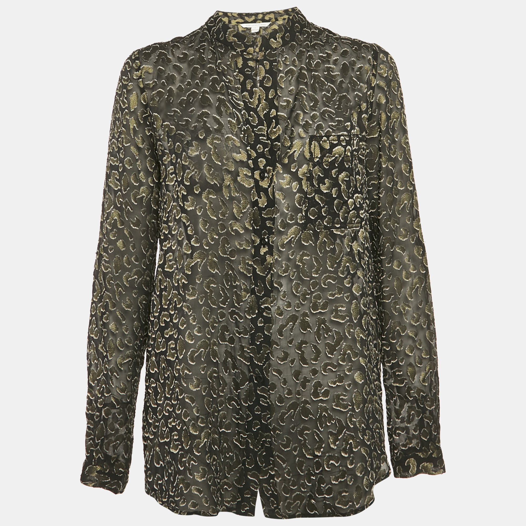 

Diane Von Furstenberg Black Jacquard Silk Gilmore Smooth Cat Sher Blouse M