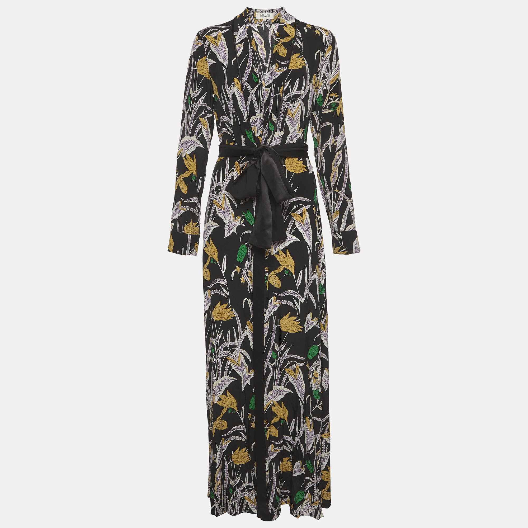 

Diane Von Furstenberg Black Bali Floral Print Silk Wrap Tiffany Maxi Dress S
