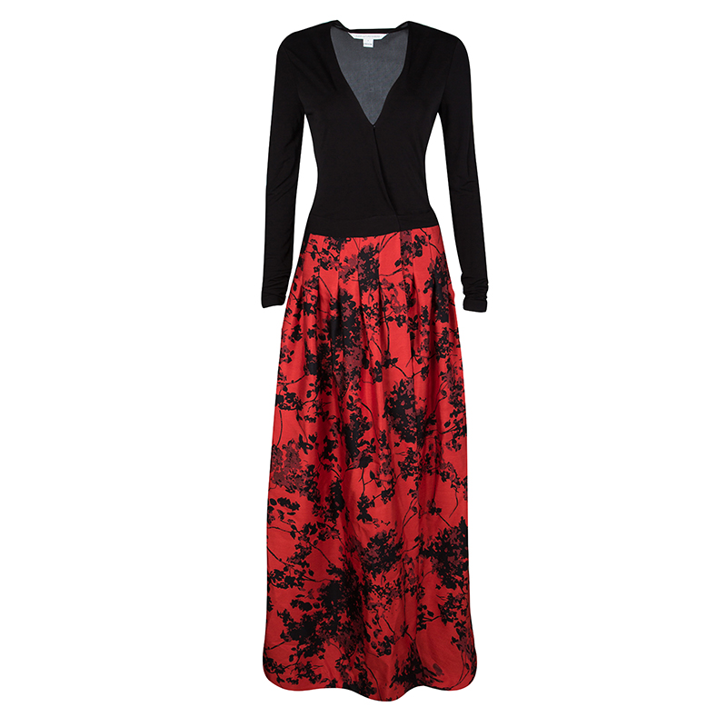 Pre Owned Diane Von Furstenberg Black and Red Floral Print Kailey Wrap Maxi Dress S